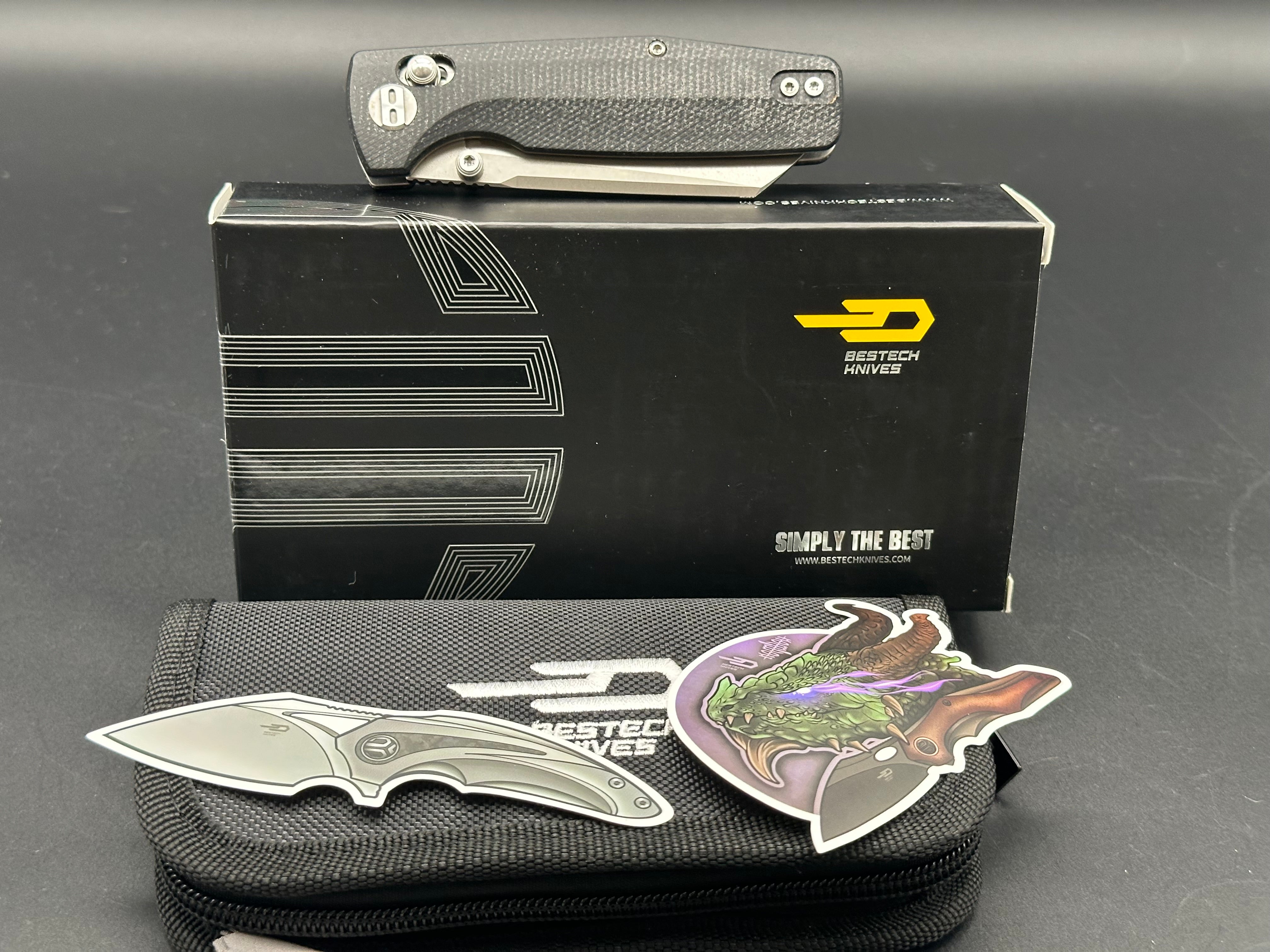 BESTECH SLASHER Folding Pocket Knife - D2 Steel Blade, Black Stonewash Finish, Micarta Handle - EDC, Camping, Hunting & Outdoor Survival Tool