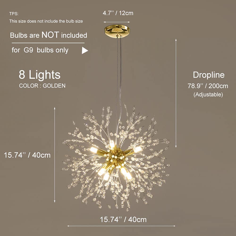 Qamra Modern Gold Crystal Chandelier - Firework Dandelion Sputnik Pendant Light Fixture for Living Room, Dining Room, Bedroom, Kitchen (8-Light, Gold) | Elegant Ceiling Lighting for Home Decor, Wedding Venues & Luxury Hotels