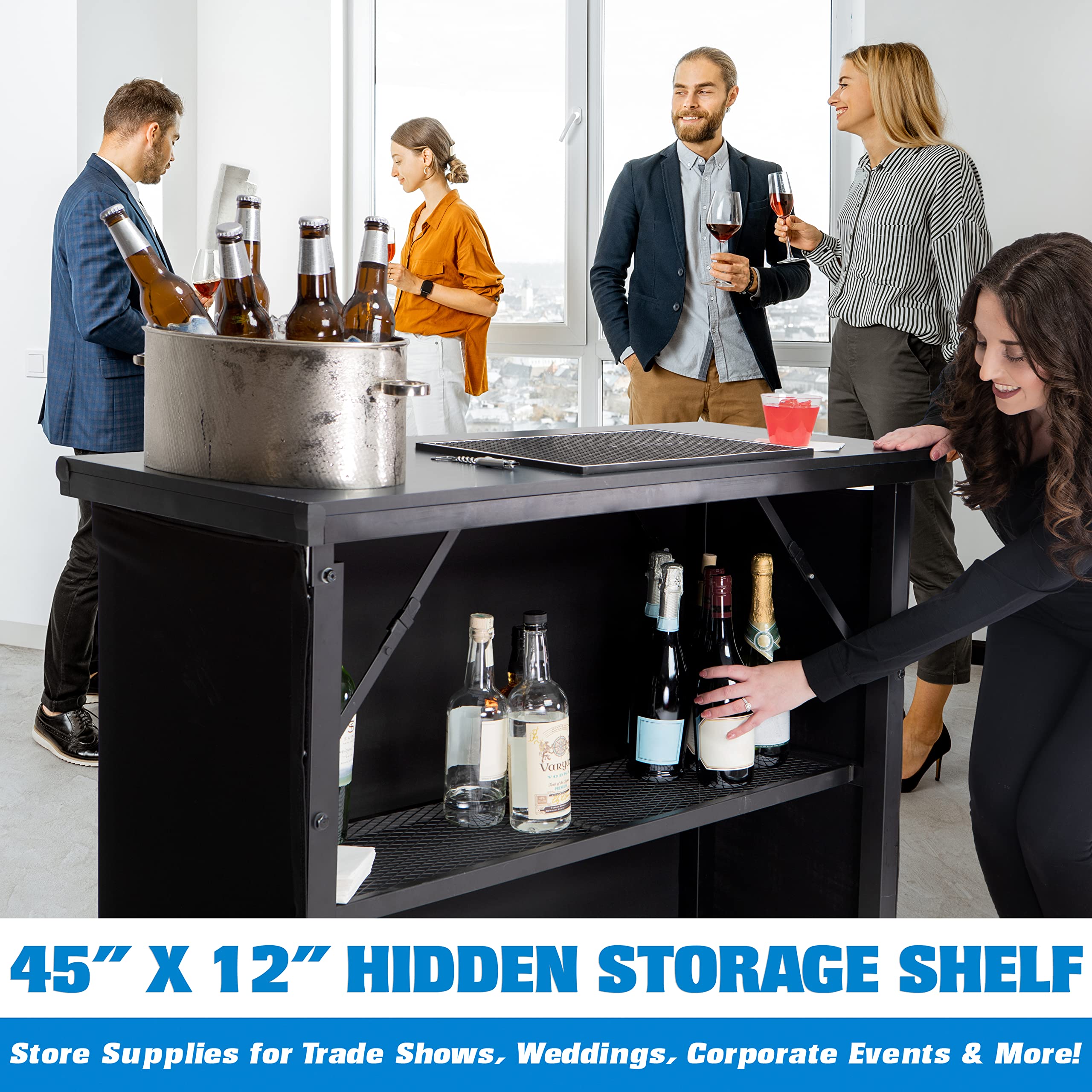 GoBar PRO Commercial Grade Portable Bar Table - Mobile Bartending Station for Weddings, Parties & Events - Includes Black Skirt & Carry Case - Standard or LED Light Options (45