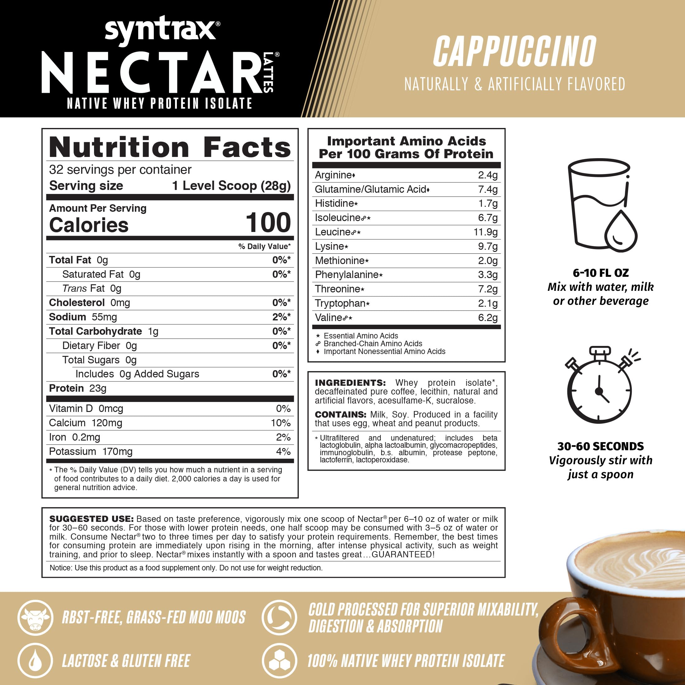 Syntrax Nutrition Nectar Lattes - 100% Whey Protein Isolate Powder, Cappuccino Flavor, 2 lb (907g) for Post-Workout Recovery & Healthy Breakfast Smoothies