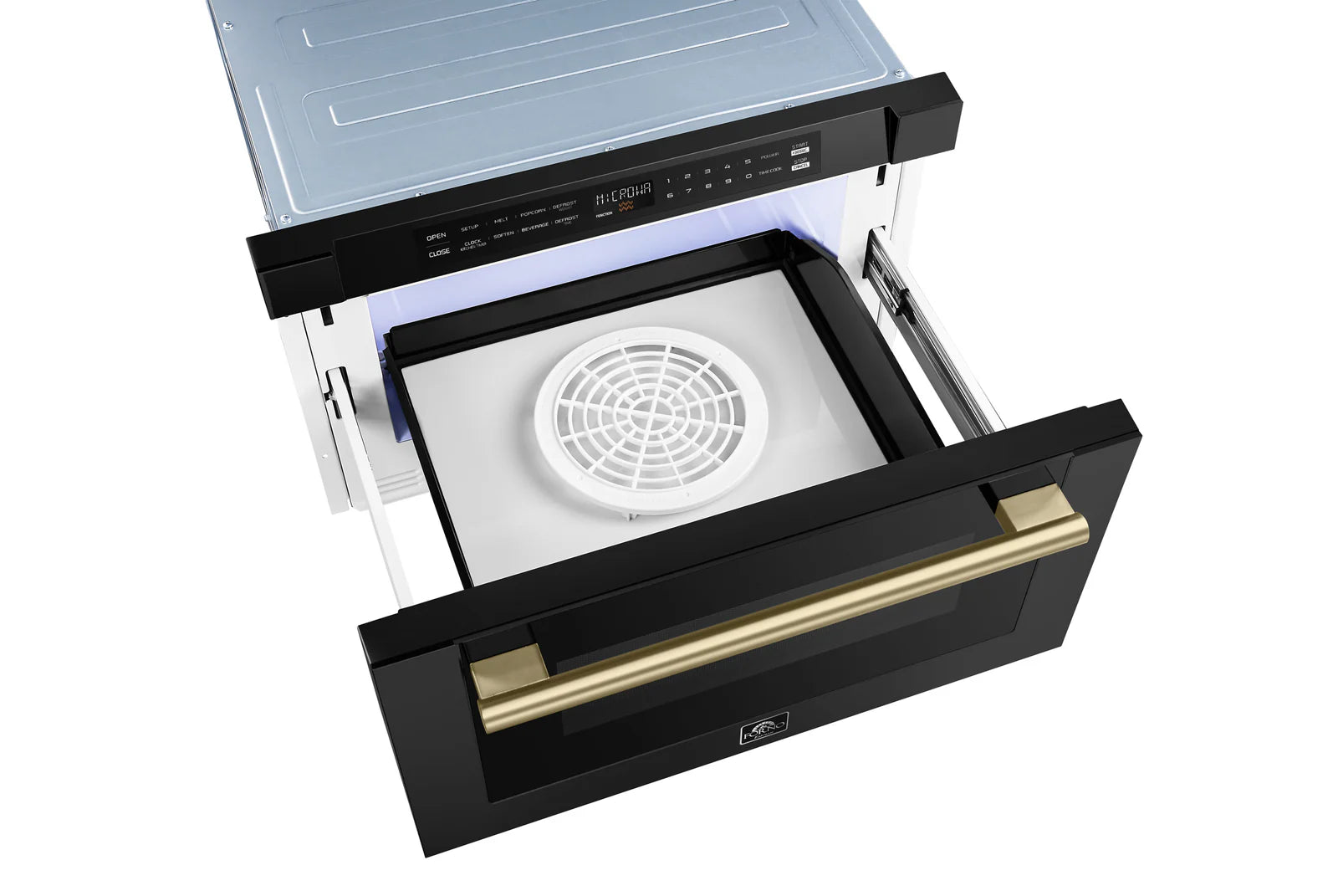 Forno 24 Inch Built-In Microwave Drawer in Black with Antique Brass Finish - FMWDR3000 24BLK - Perfect for Modern Kitchens & Small Spaces