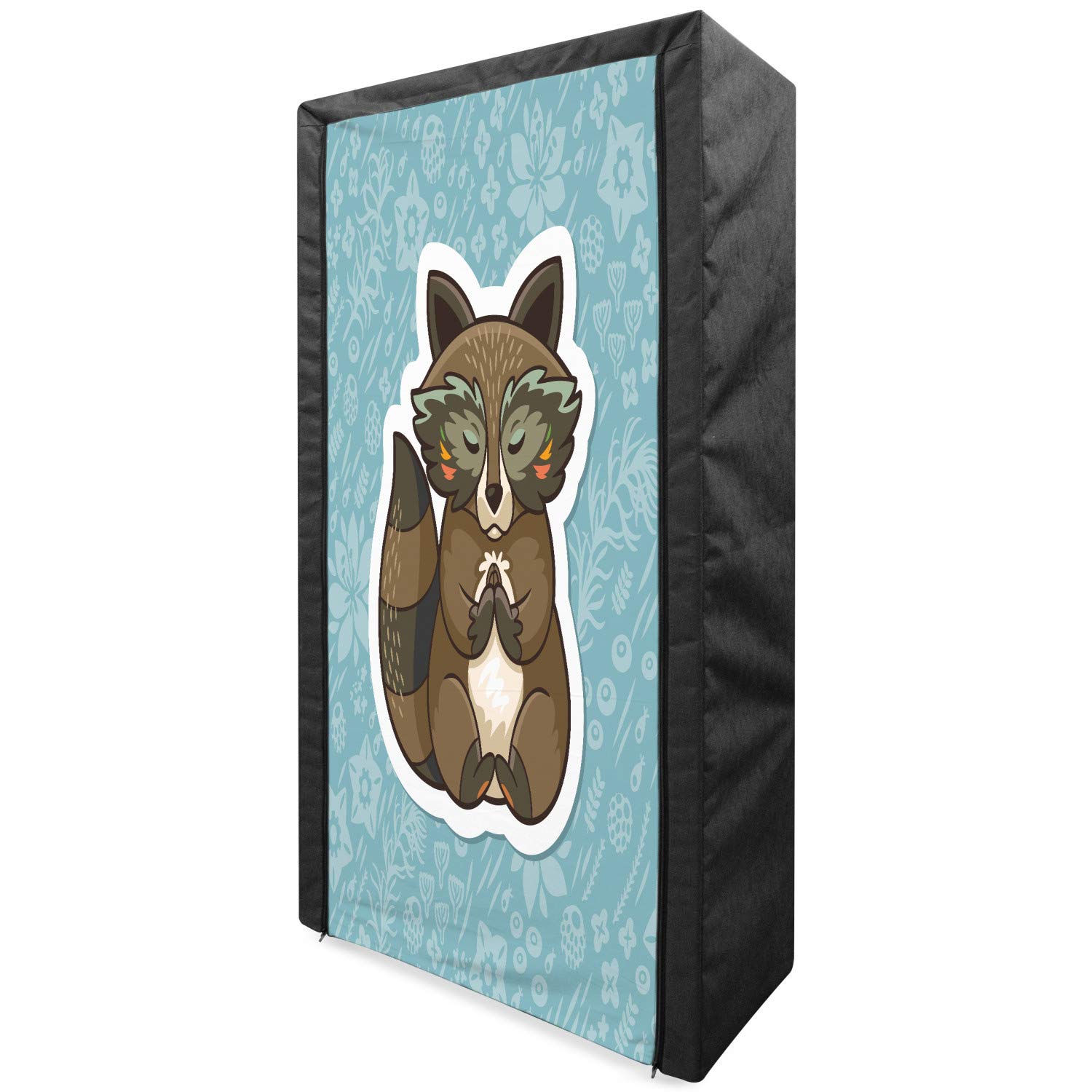 Ambesonne Cartoon Fabric Wardrobe - Raccoon Meditating on Blue Meadow Spring Flowers Design, Portable Clothing Organizer with Shelves, 33.5 Inch Storage Closet, Dark Green Turquoise - Perfect for Bedroom, Closet & Dorm Room Organization
