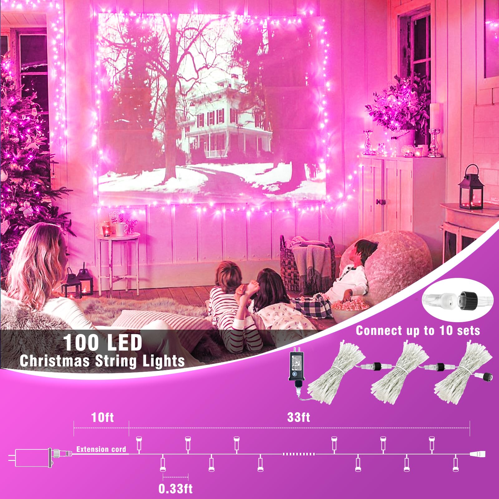 100 LED Pink String Lights - 33ft Waterproof Fairy Lights with 8 Modes, Clear Wire for Indoor/Outdoor Use | Perfect for Bedroom Decor, Wedding, Christmas, Garden & Party Lighting