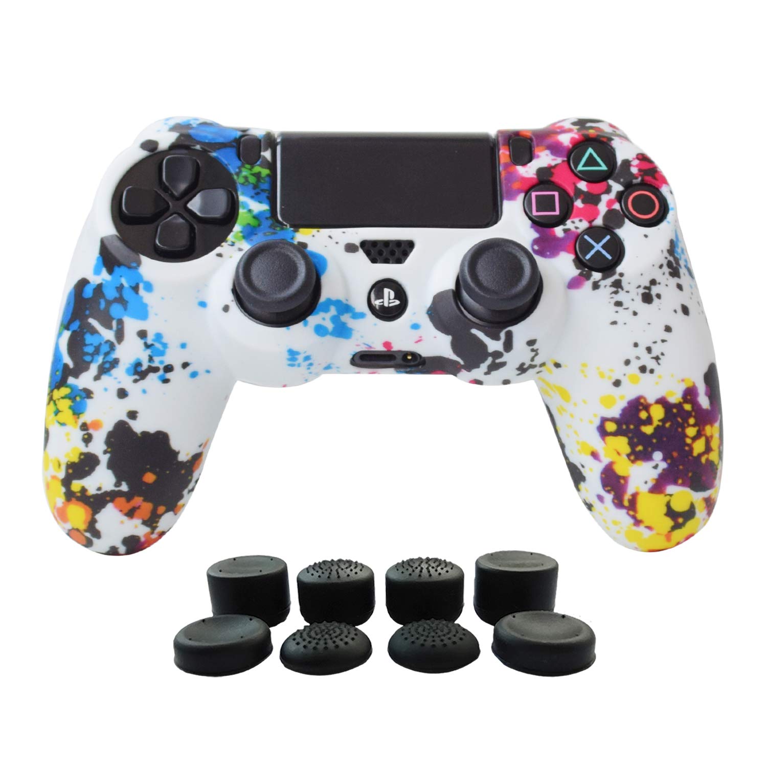 Sony PS4 Silicone Gel Protector Skin - Soft Protective Case for PS4, PS4 Slim & PS4 Pro Controllers - Includes 1 Cover & 8 FPS Pro Thumb Grip Caps (White) - Perfect for Gaming, Travel & Controller Protection