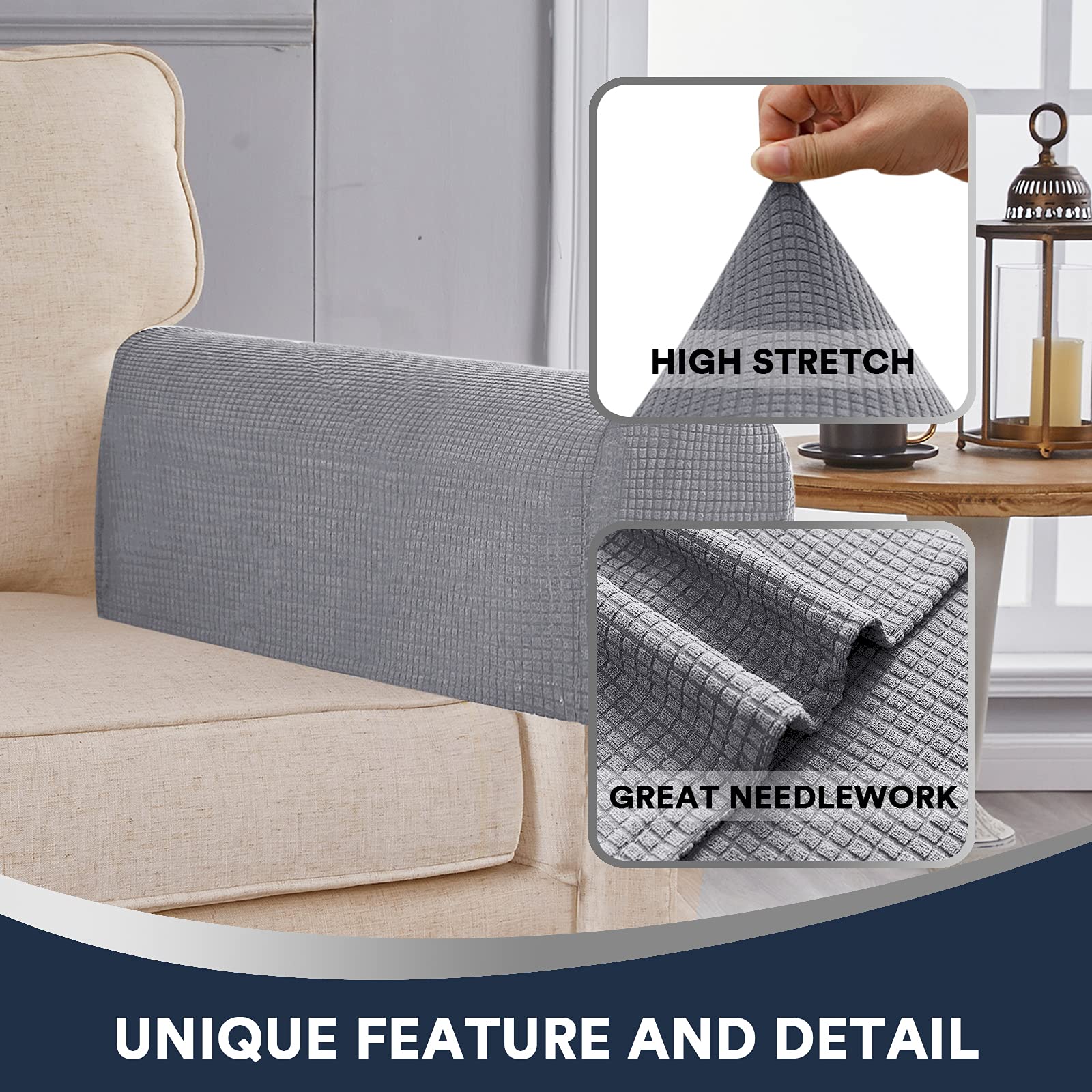 **Stretch Sofa Armrest Covers - Spandex Jacquard Anti-Slip Arm Protectors for Chairs, Sofas & Recliners (Set of 2, Light Grey) - Perfect for Home, Office & Pet Protection**