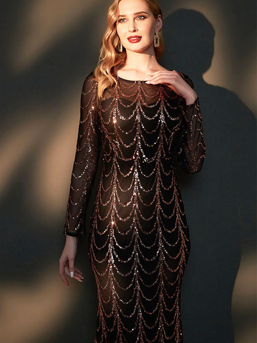 Elegant Black Sequin Long Sleeve Boat Neck Mermaid Evening Gown - Floor Length Formal Dress for Prom, Wedding, Gala & Special Occasions