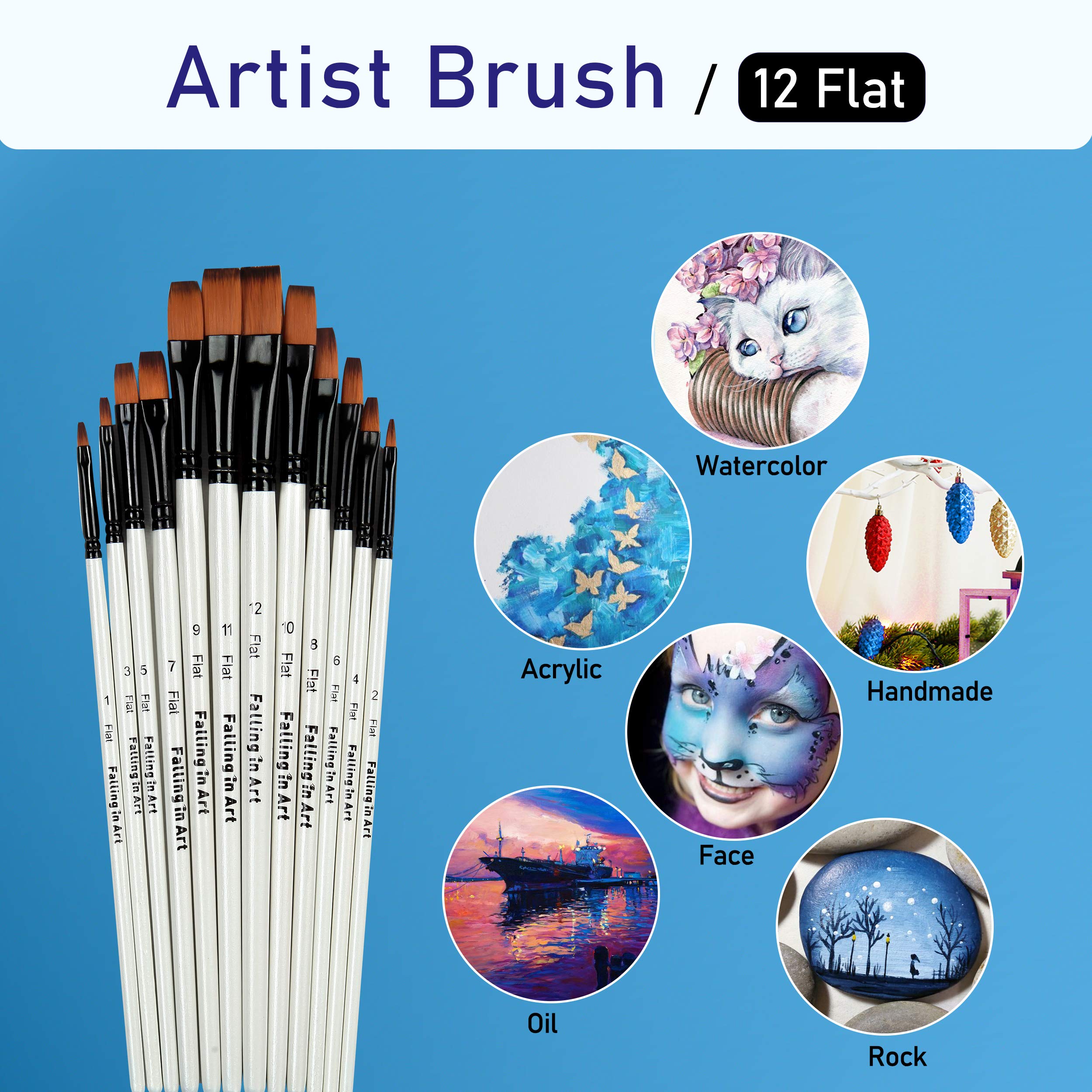 Premium 12-Piece Nylon Paint Brush Set for Watercolor, Oil, Acrylic Painting - Professional Flat Brushes for Artists, Face/Body/Nail Art, Crafts & Rock Painting - Ideal for Beginners & Professionals