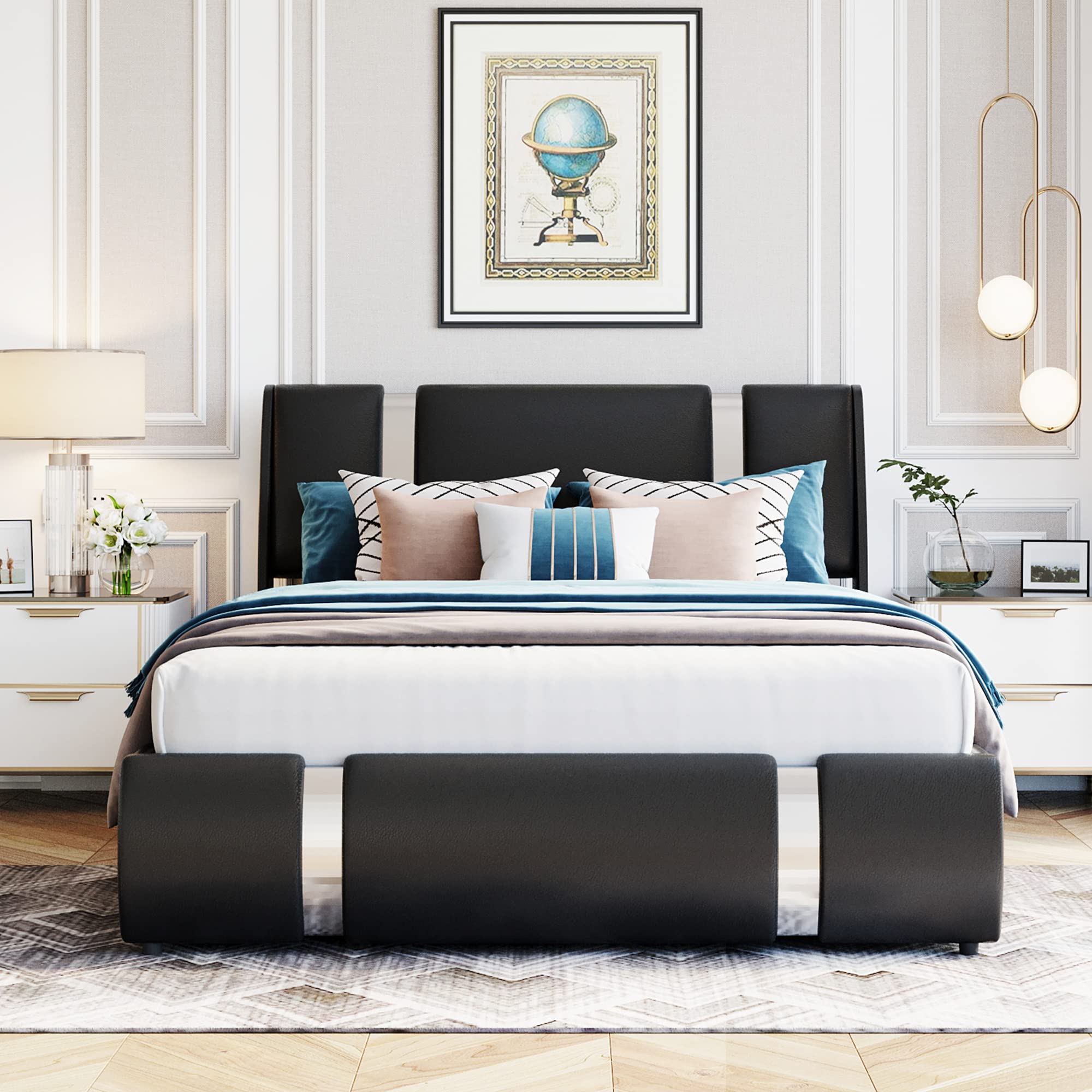 P PURLOVE Full Upholstered Faux Leather Platform Bed with Hydraulic Storage - Queen Size Bed Frame with Headboard & Wooden Slats, No Box Spring Needed (Black) - Perfect for Modern Bedrooms & Small Space Storage Solutions