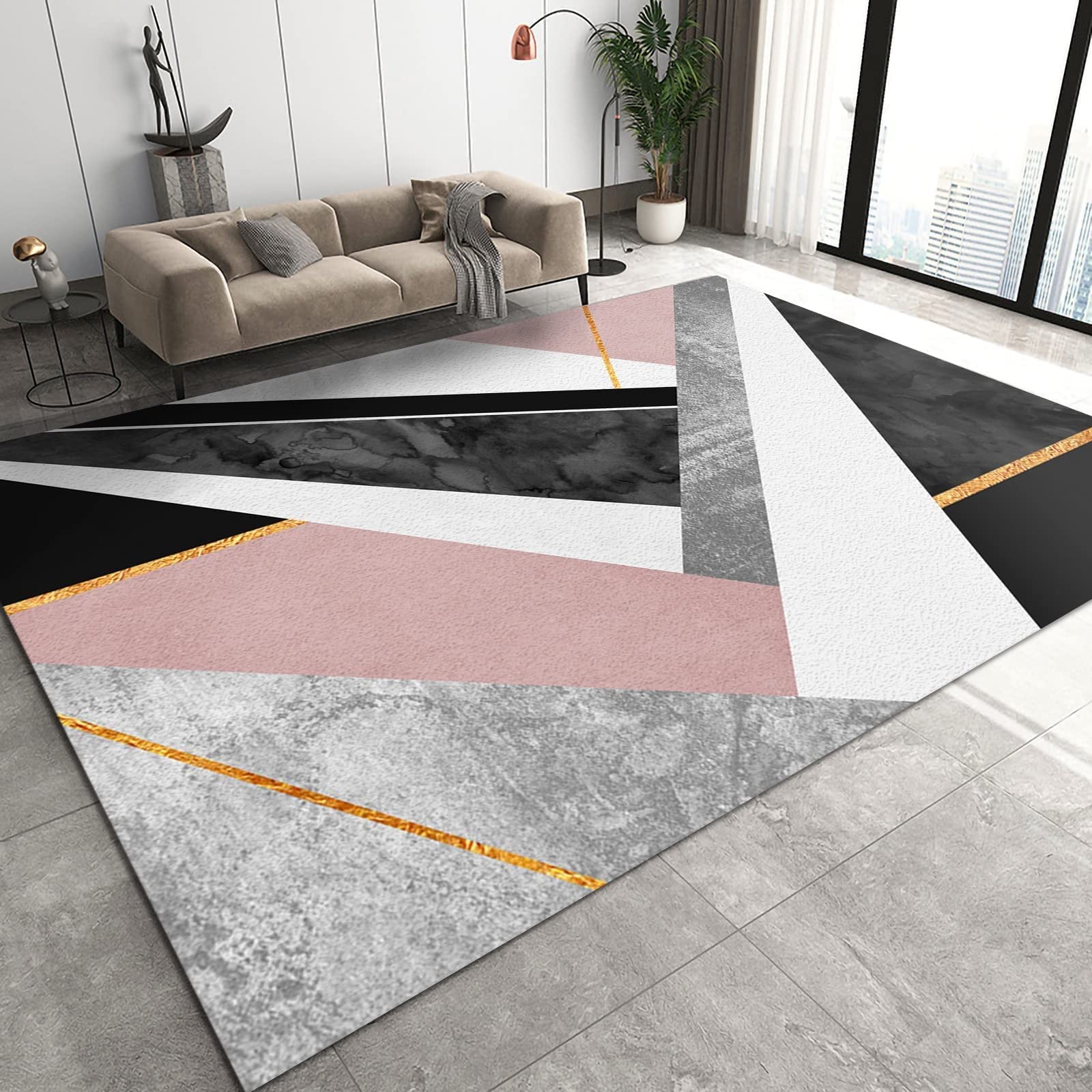 Grey White Pink Black Marble Area Rug - Luxury Abstract Soft Washable Carpet with Non-Slip Backing for Bedroom, Living Room, Dining Room, Study | 5x6ft Modern Floor Mat for Kids & Teens | Perfect for Home Decor, Nursery, Dorm Room
