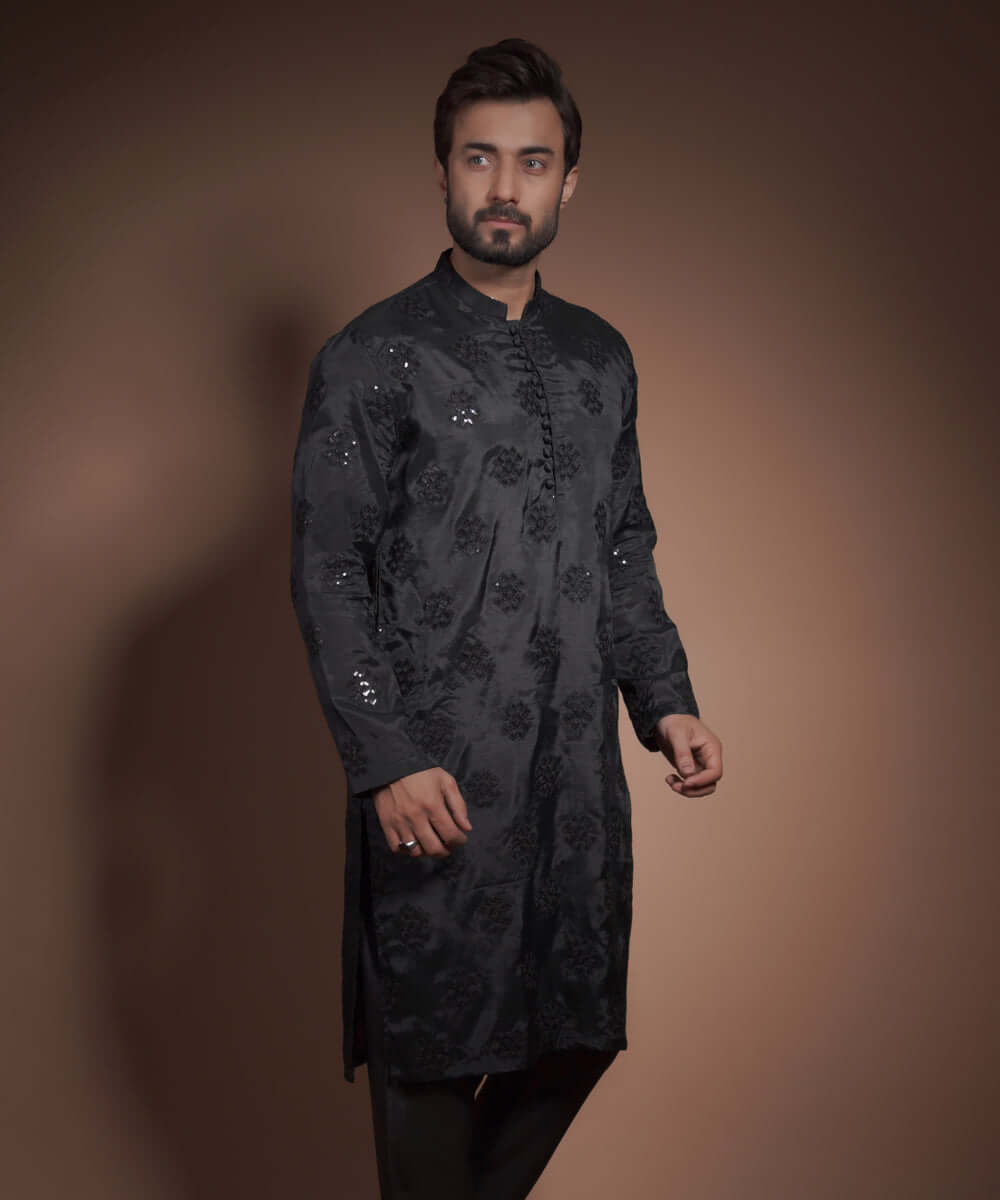 Elegant Black Shiny Raw Silk Kurta with Intricate Motifs - Perfect for Festivals, Weddings & Special Occasions