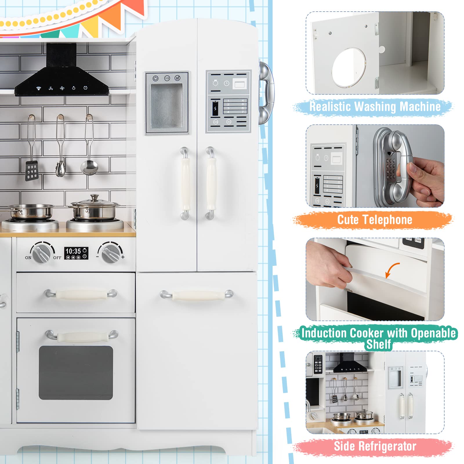 Costzon 11-in-1 Wooden Kids Kitchen Playset with Realistic Appliances - Pretend Play Toy Kitchen Set with Washing Machine, Microwave, Oven, Stove & Refrigerator for Toddlers Boys & Girls - Perfect for Role Play, Preschool Learning & Home Entertainment