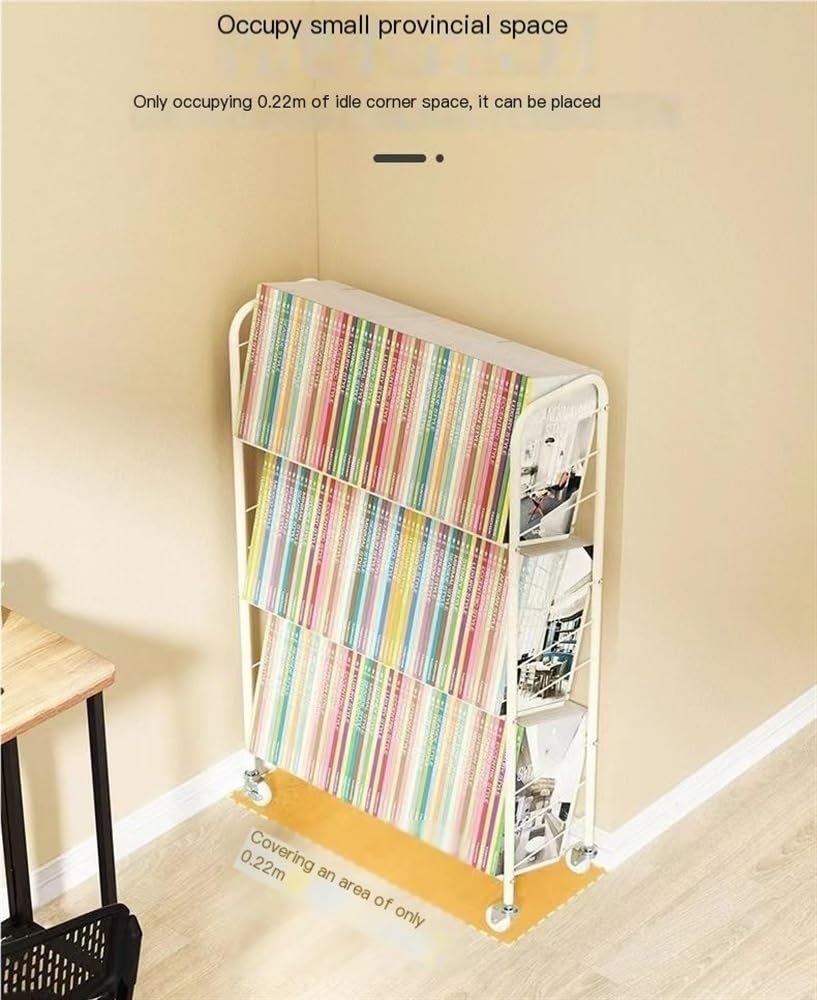Versatile Rolling Book Cart with Wheels - 2-Tier Removable Iron Art Display Shelf for Books & Home Decor | Portable Mobile Bookshelf for Living Room, Office, Classroom & Library Organization (Beige)