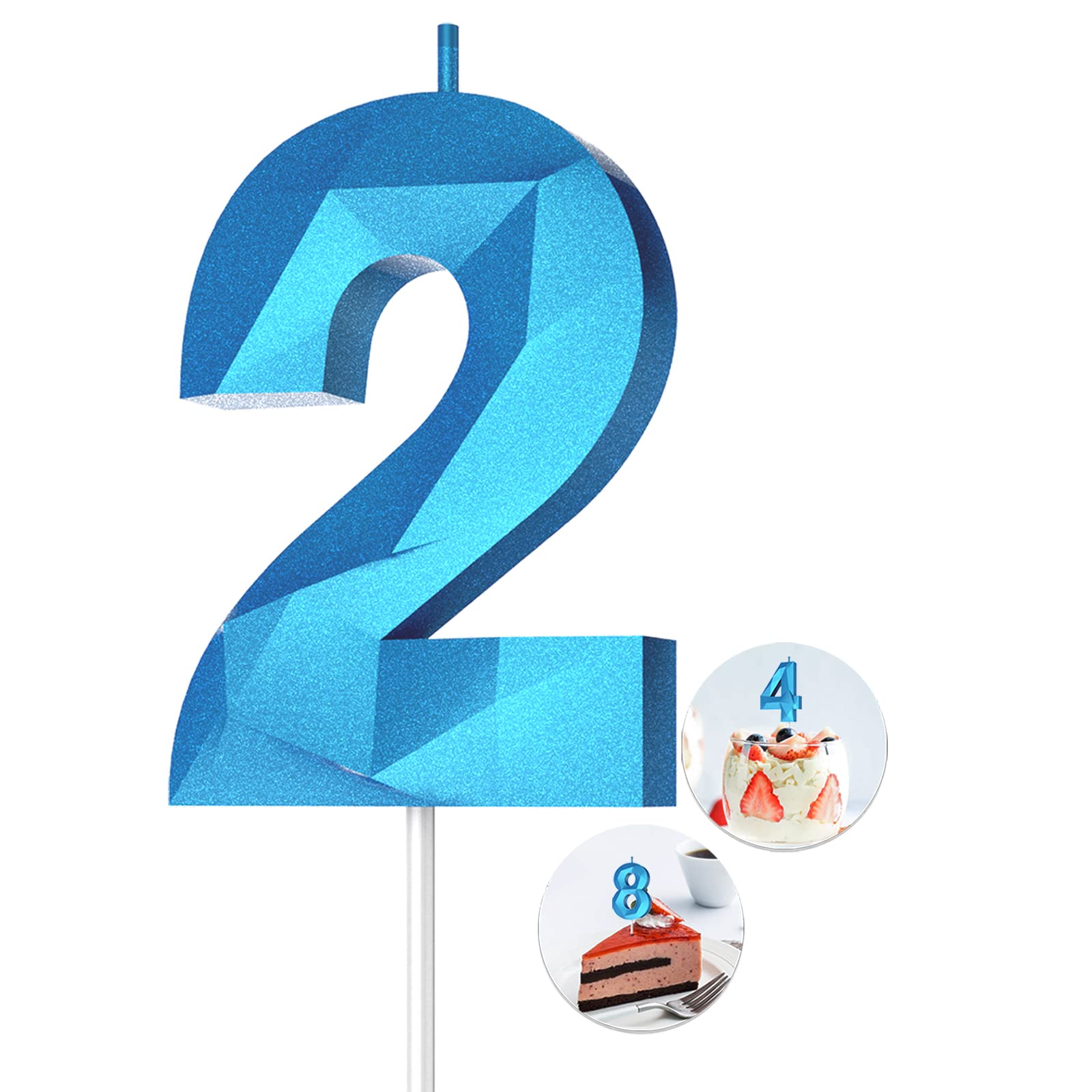 3D Diamond Shape Number Birthday Candles (2-Pack, Blue) - Happy Birthday Cake Candles for Birthday Parties, Weddings, Reunions & Theme Celebrations - Perfect for Cake Decorating and Special Occasions