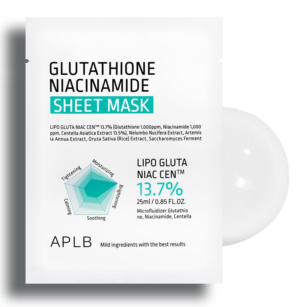 APLB Glutathione Niacinamide Sheet Mask 10 Pack - Korean Skincare with LIPO GLUTA NIAC CEN™ 13.7% (0.85 FL.OZ) for Deep Hydration, Soothing & Skin Elasticity | Brightening Treatment for Sensitive Skin, Daily Facial Care & Spa Night Routine