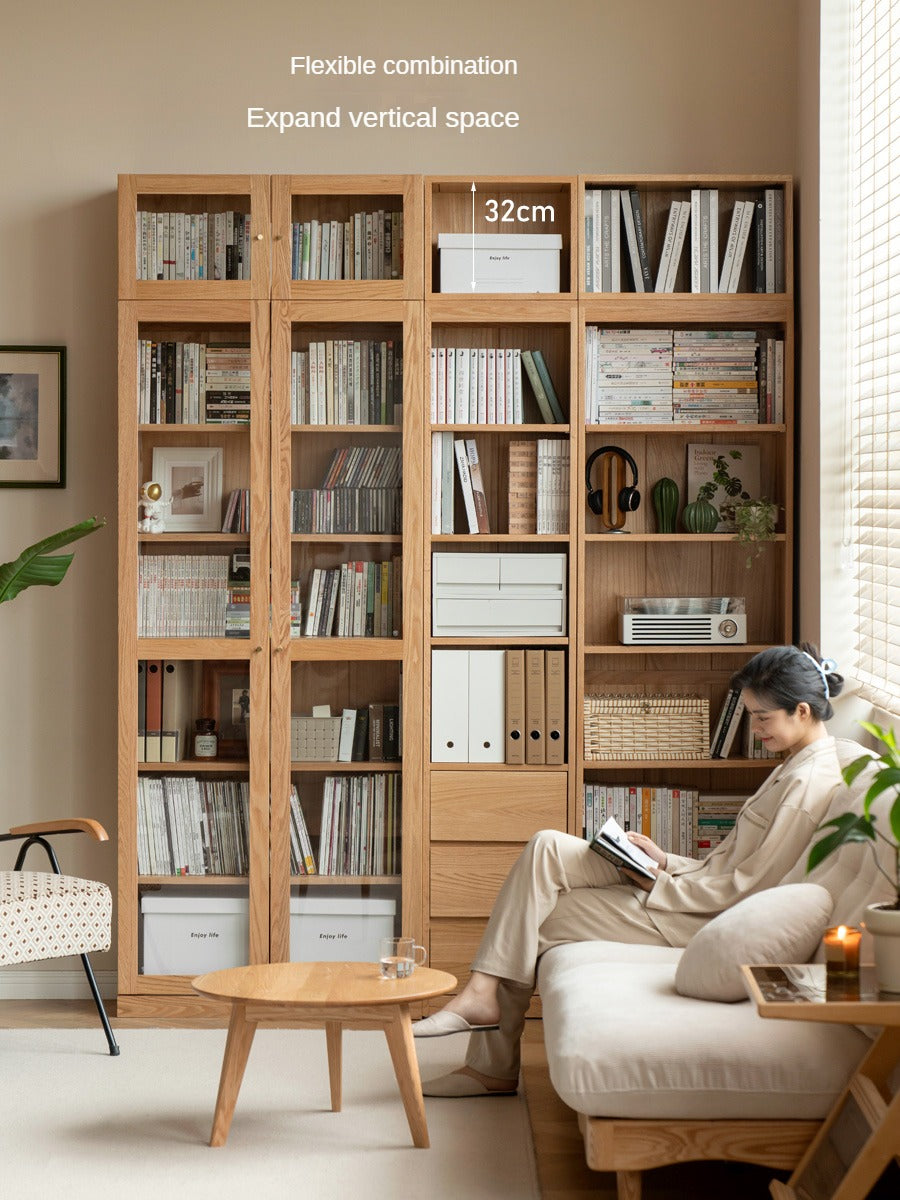 Solid Oak Wood Cabinet with Bookcase - Stylish Storage for Home Office, Living Room & Bedroom