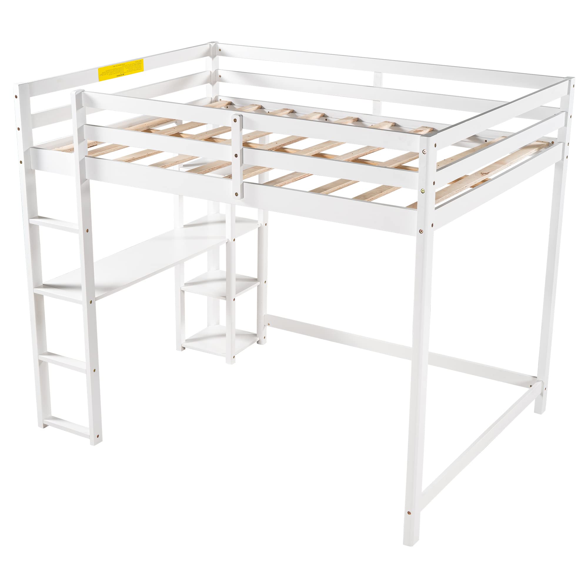 SOFTSEA Full Size Loft Bed with Storage Shelves & Under Bed Desk - Solid Wood Space Saving Bed Frame for Kids, Teens & Juniors - Perfect for Small Bedrooms, Dorms & Studio Apartments (White)