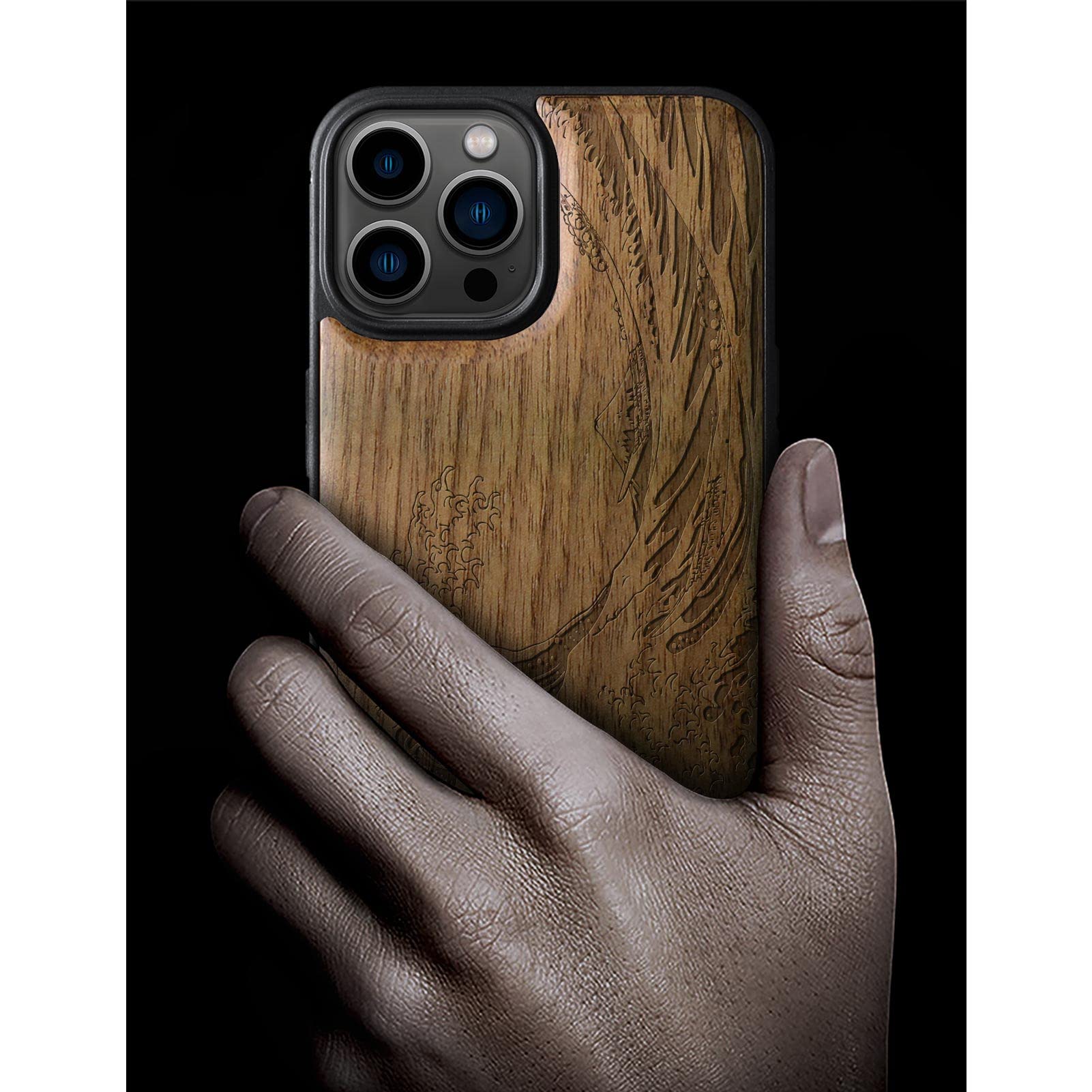 Magnetic Wooden Case for iPhone 13 Pro Max - Natural Walnut Wood & Shockproof TPU Bumper - Compatible with MagSafe (The Great Wave Off Kanagawa Design) - Perfect for Outdoor Adventures & Business Meetings