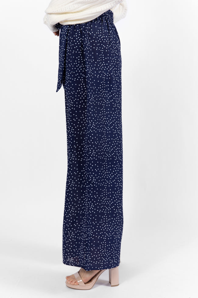 Over The Blues Navy Polka Dot Belted Wide Leg Pants for Women - High Waisted Comfortable Lounge & Office Pants - Perfect for Casual Wear, Work Outfits and Relaxing at Home