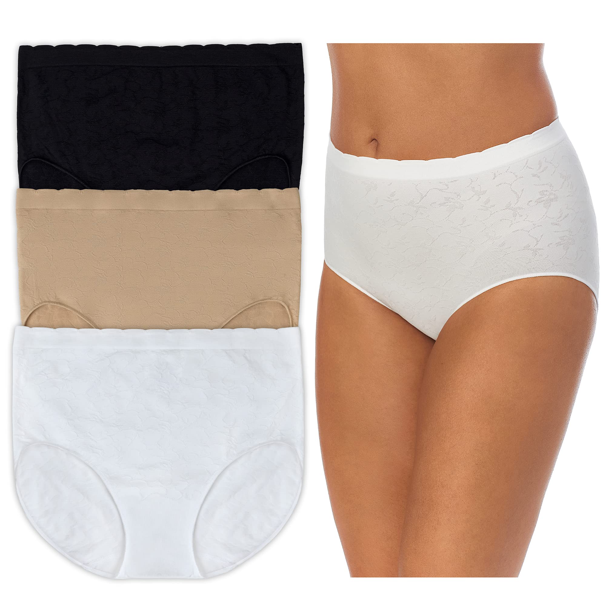 Ellen Tracy Women's Ultra Soft Seamless Hi-Cut Brief Panties 3-Pack - Scalloped Edge Comfort Underwear for Everyday Wear & Lounge
