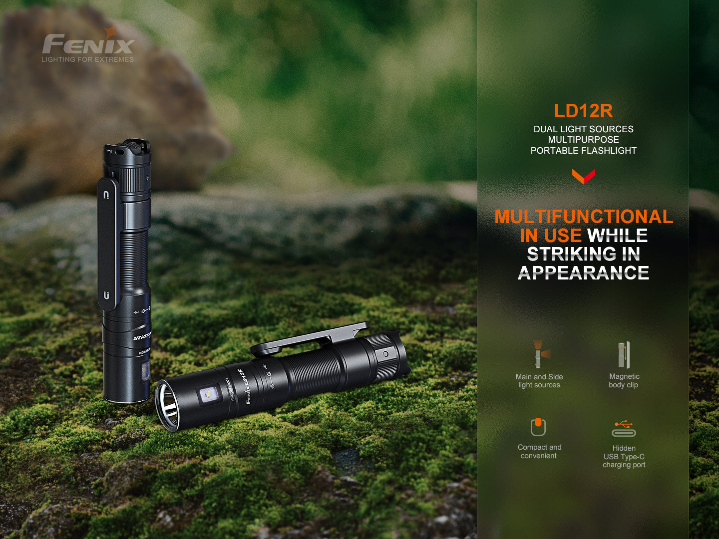 Fenix LD12R Rechargeable Dual Light Flashlight - 300 Lumens, Compact EDC Flashlight for Camping, Hiking & Emergency Use