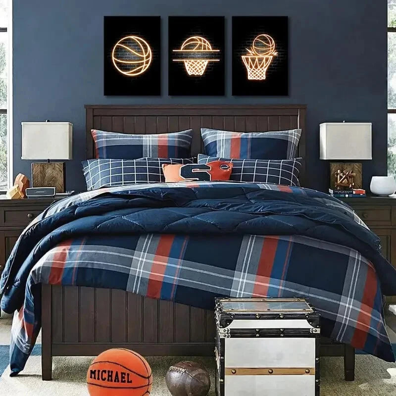 3-Piece Creative Basketball Art Neon Painting Metal Print - Ready to Hang Wall Decor for Man Cave, Game Room & Sports Bar