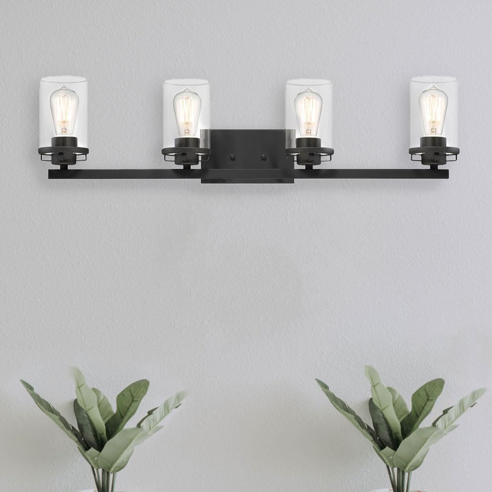 Designers Fountain 93304-BK Jedrek 4-Light Bathroom Vanity Light Fixture - Black Finish with Clear Glass Shades for Modern Bathroom & Powder Room Lighting