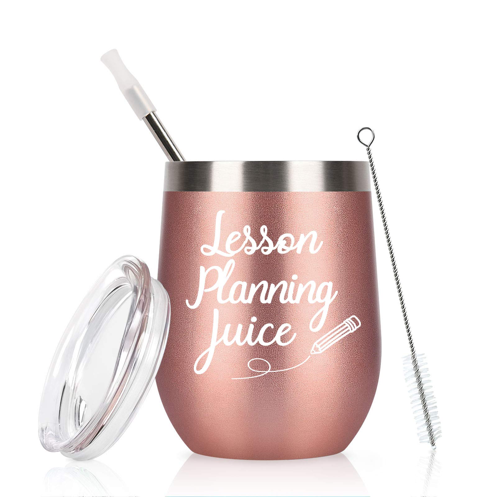 Stainless Steel Wine Tumbler with Lid - 12oz Rose Gold Teacher Gift for Women | Funny & Practical Lesson Planning Cup for Birthday, Christmas & Teacher Appreciation Day | Perfect Thank You Present for Educators | Great for Classroom, Office or Home Use