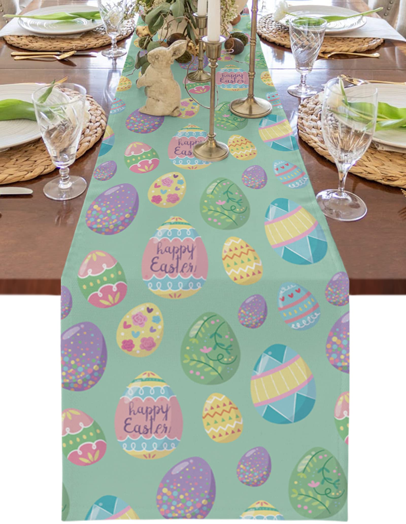 Colorful Easter Egg Table Runner - 13x120 Inch Non-Slip Spring Tablecloth with Teal Green Background - Perfect for Easter Decorations, Holiday Parties, Dinner Gatherings & Home Decor - 1 Pack