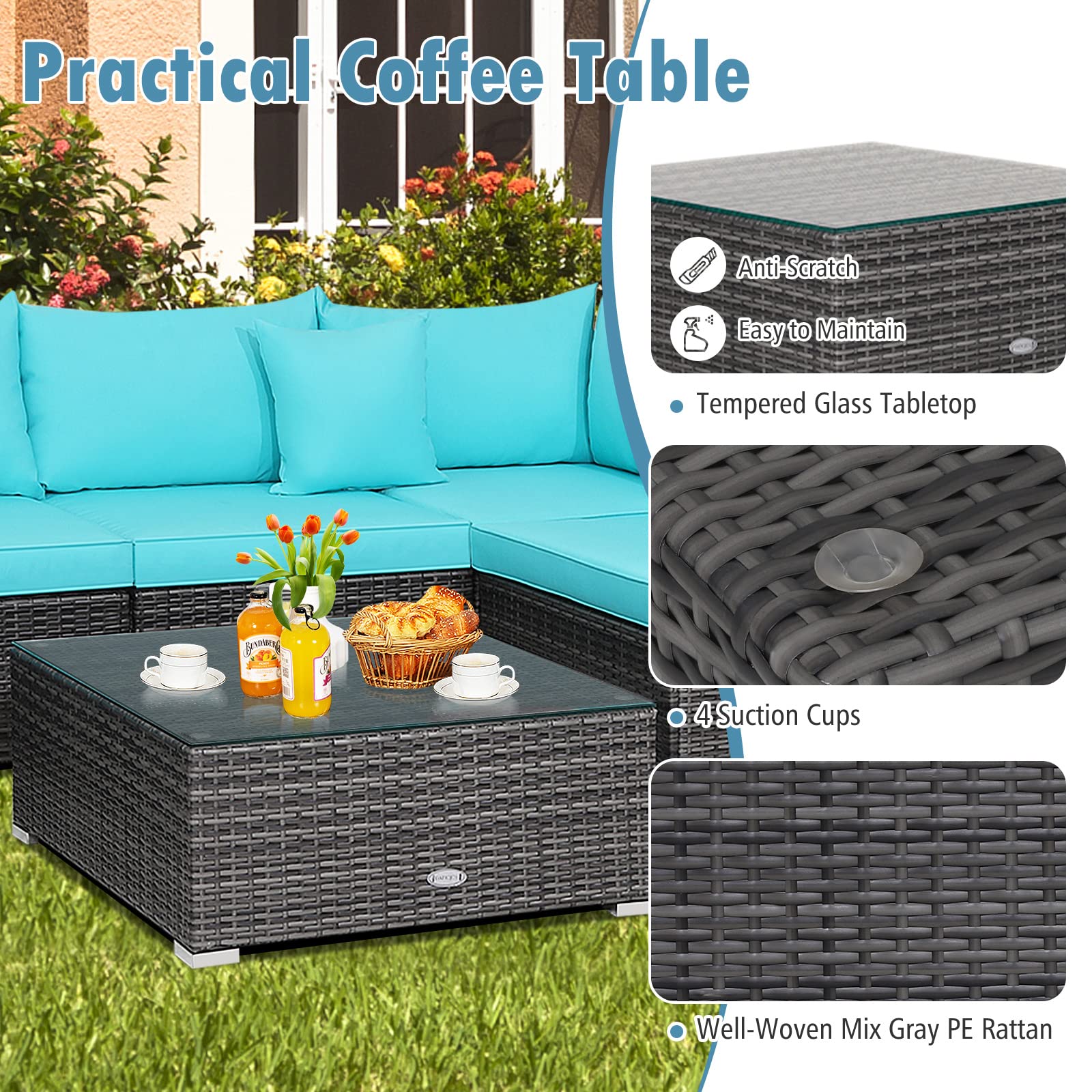 **Tangkula 7-Piece All-Weather Outdoor Patio Furniture Set - Rattan Sectional Sofa with Cushions & Tempered Glass Coffee Table - Perfect for Garden, Lawn, Backyard, Poolside (Turquoise Blue)**
