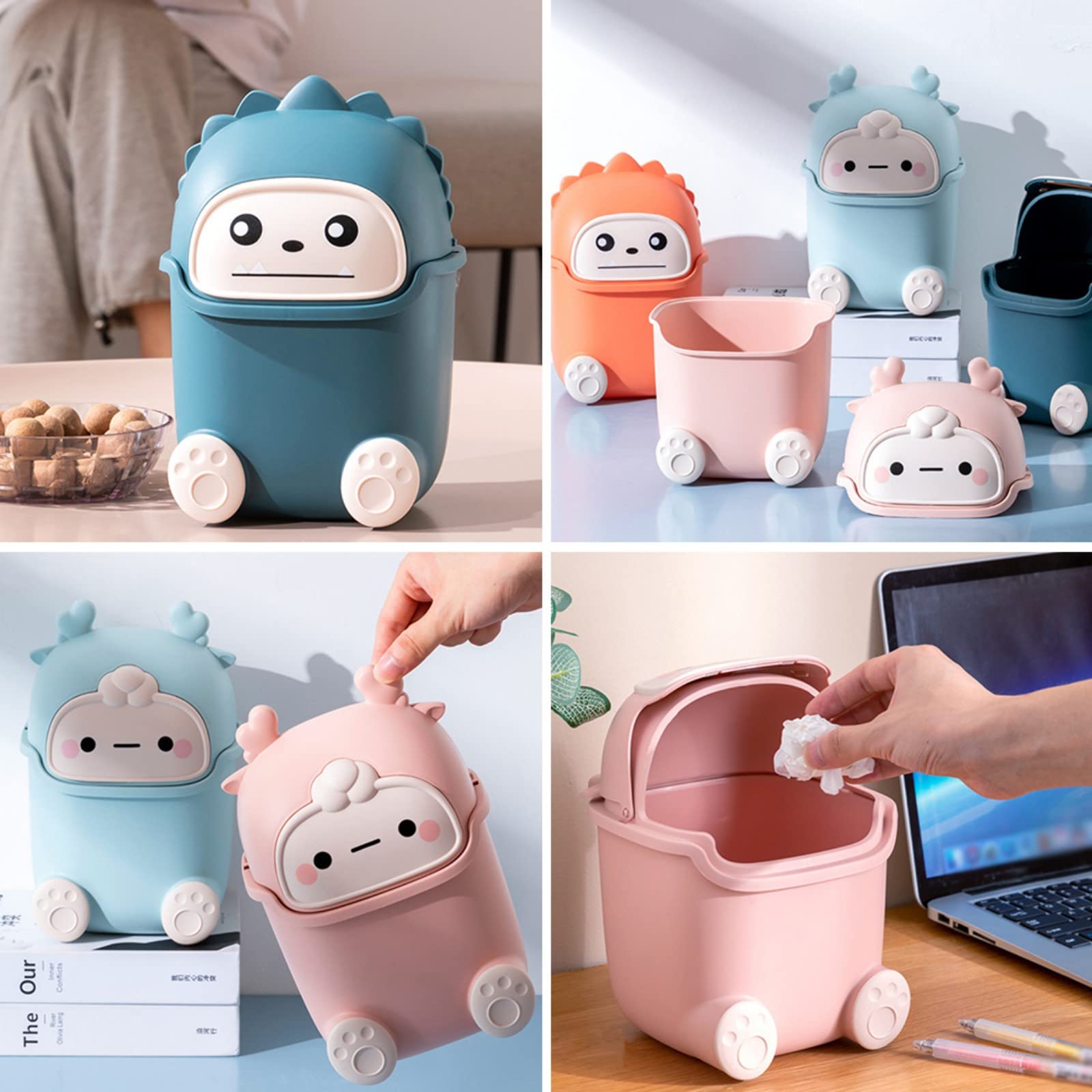 Ochine Mini Trash Can with Lid - Cute Cartoon Monster Deer Design Small Wastebasket for Desk, Countertop, Tabletop - Perfect for Home, Office, Bathroom, Kitchen & Bedroom Organization | Compact Garbage Bin for Workspaces, Vanities & Nightstands