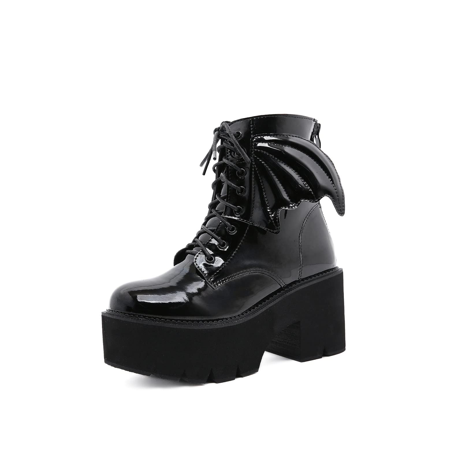 QAZX Women's Platform Boots - Punk Gothic Lace Up Ankle Boots in Patent Leather, Elf Knight Style Martin Boots with Wedge Heel (Black, Size 38) | Perfect for Gothic Fashion, Cosplay & Alternative Style Outfits