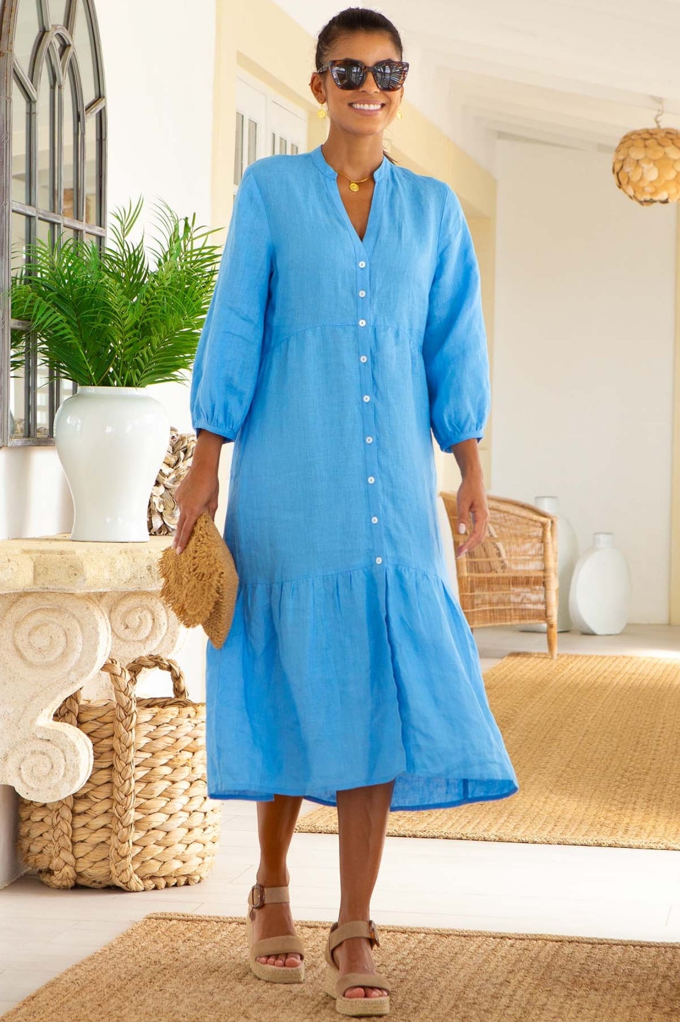 Charlotte Linen Dress Women's Summer Casual Cornflower Blue Flowy Maxi Dress - Perfect for Beach Vacation, Garden Party & Boho Chic Outfits