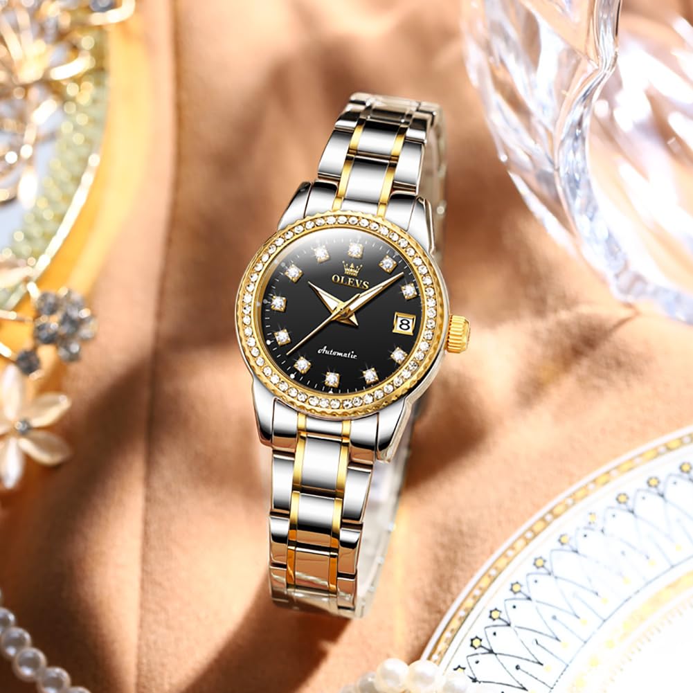 OLEVS Women's Diamond Automatic Self-Winding Watch - Stainless Steel Dress Watch with Luminous Hands & Waterproof for Business, Party & Everyday Wear