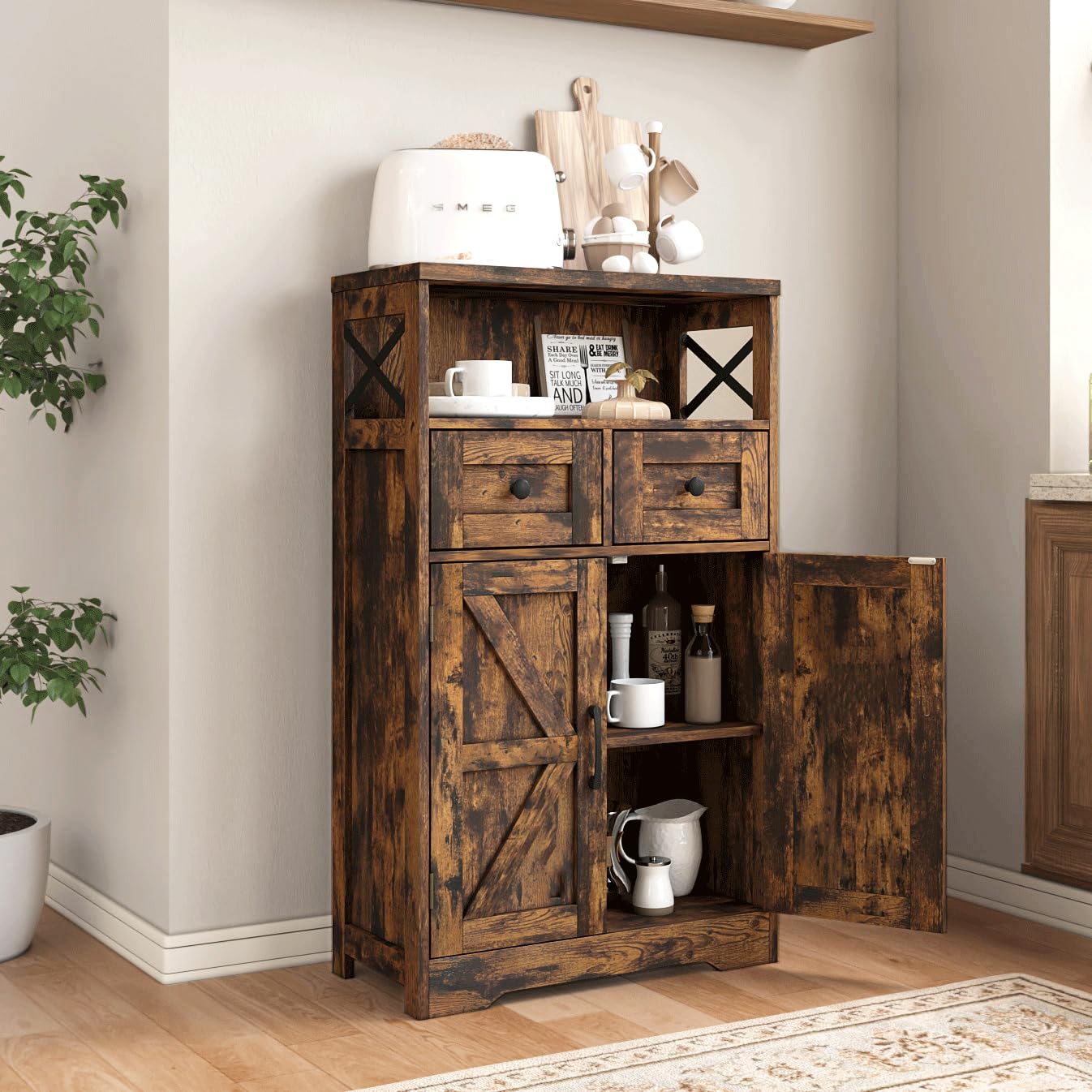 Rustic Farmhouse Storage Cabinet with Drawers & Shelves - Kitchen & Living Room Organizer