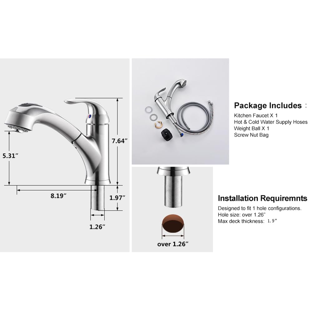 High-Quality Brushed Nickel Pull-Out Sprayer Kitchen Faucet - Single Handle 1-Hole Commercial RV Sink Faucet with 2 Spray Modes & 150° Rotation - Lead-Free Solid Brass Construction - Perfect for Modern Kitchens, Restaurants, and RV Living Spaces