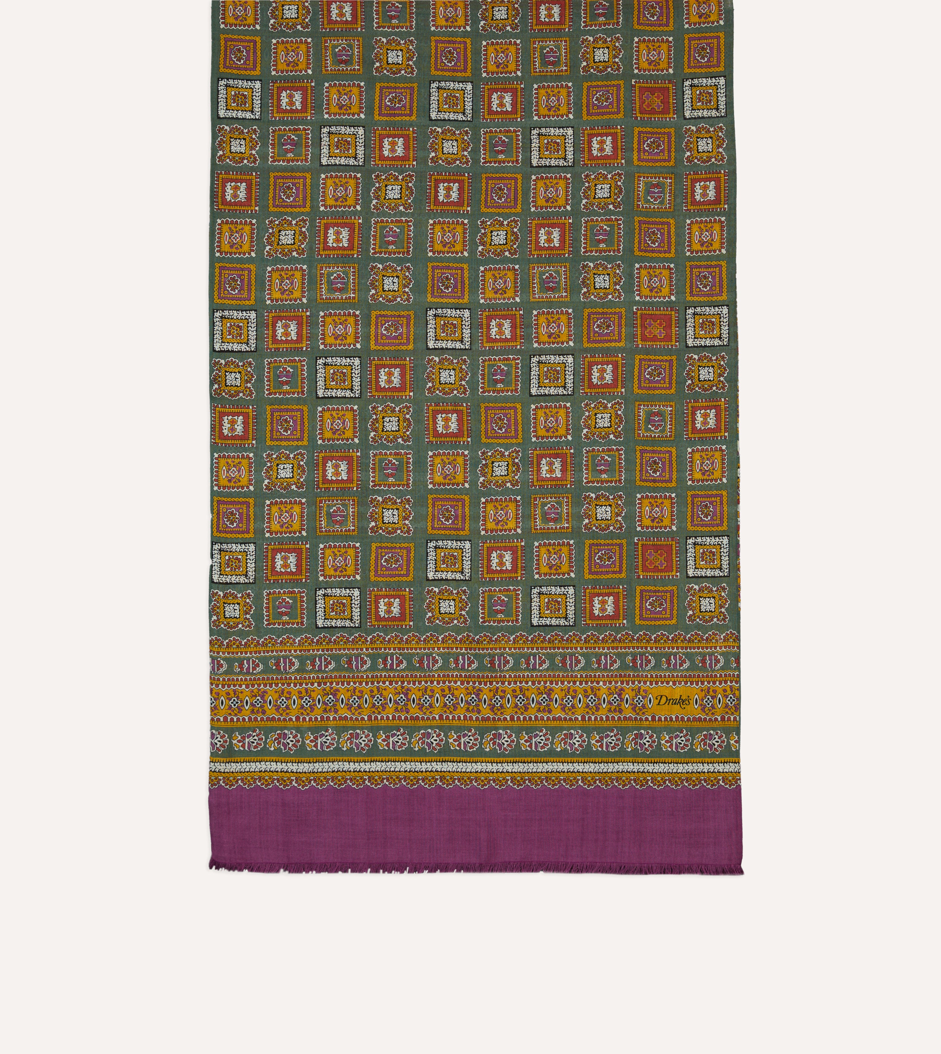 Elegant Purple and Green Medallion Print Wool Silk Scarf - Soft Luxury Wrap for Women, Perfect for Office, Evening Events & Winter Fashion Accessories