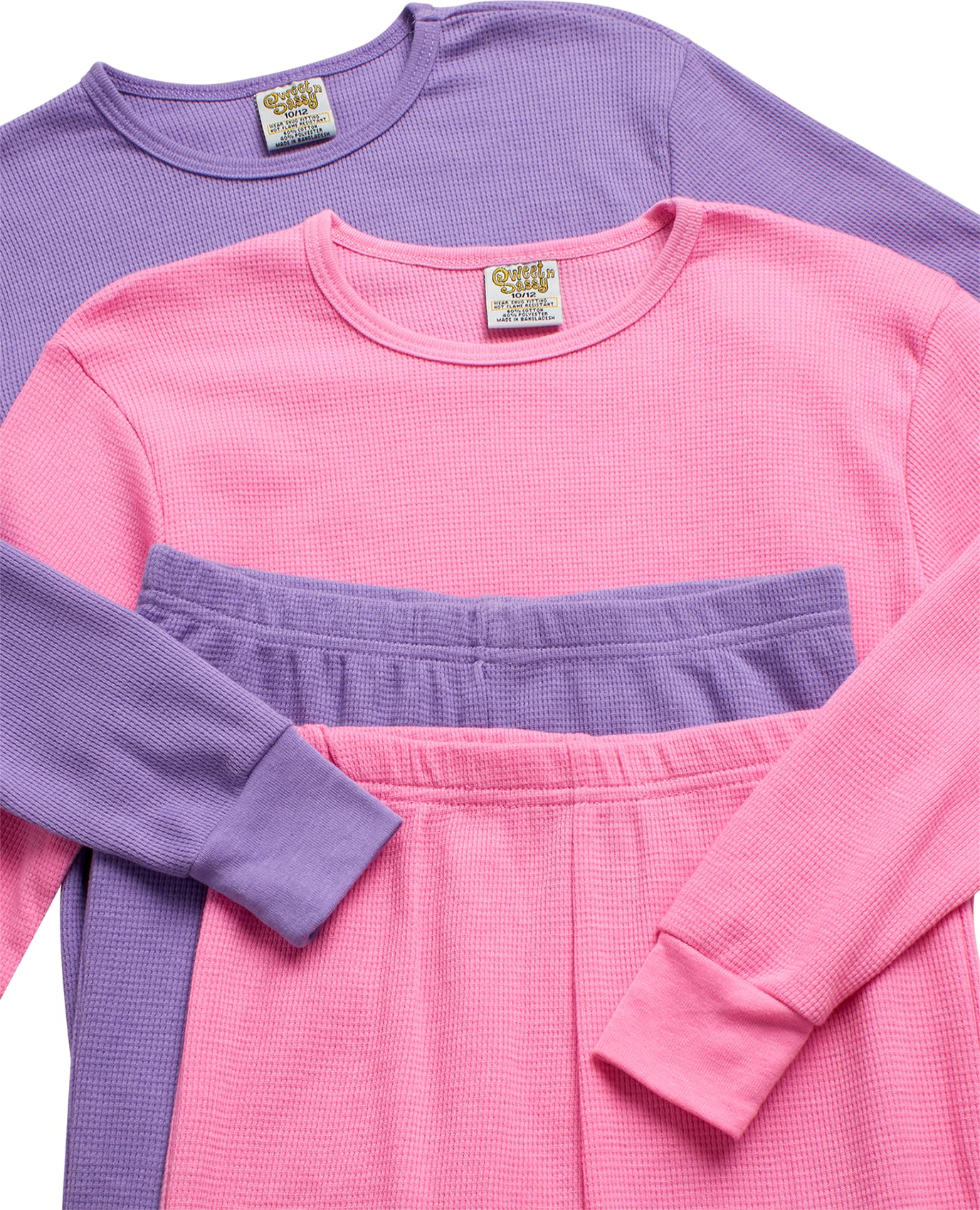Sweet & Sassy Girls' Thermal Underwear Set - 4 Piece Waffle Knit Top & Long Johns for Toddlers & Kids | Warm Winter Base Layer for Outdoor Play & Snow Activities