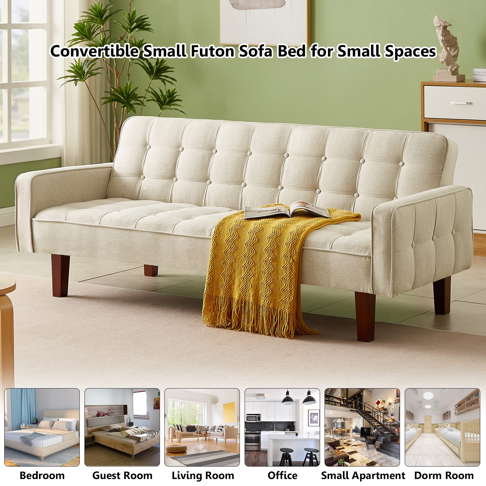 Setawix 3-Seater Linen Futon Sofa Bed - Convertible Sleeper with Button Tufted Design & Reclining Arms for Living Room, Bedroom, Apartment - Perfect for Small Spaces & Guest Accommodation (Beige) | Modern Multi-Functional Furniture for Studio Apartments, Dorms & Cozy Home Decor