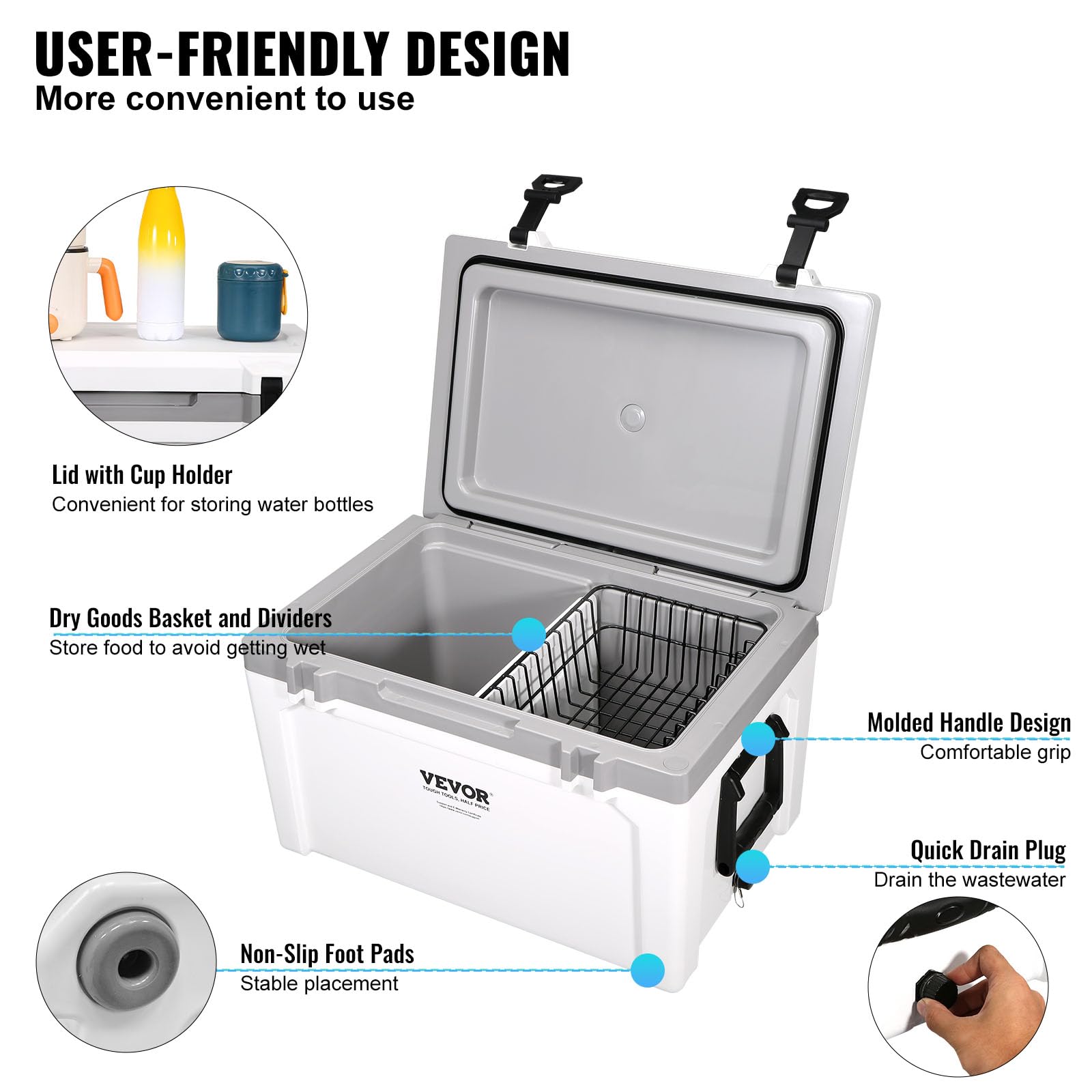 VEVOR 52 Quart Insulated Portable Cooler - Heavy Duty Ice Chest for Camping, Beach, Picnics & Outdoor Adventures | Holds 50 Cans with 6-Day Ice Retention | Perfect for Tailgating, Fishing Trips & Road Trips
