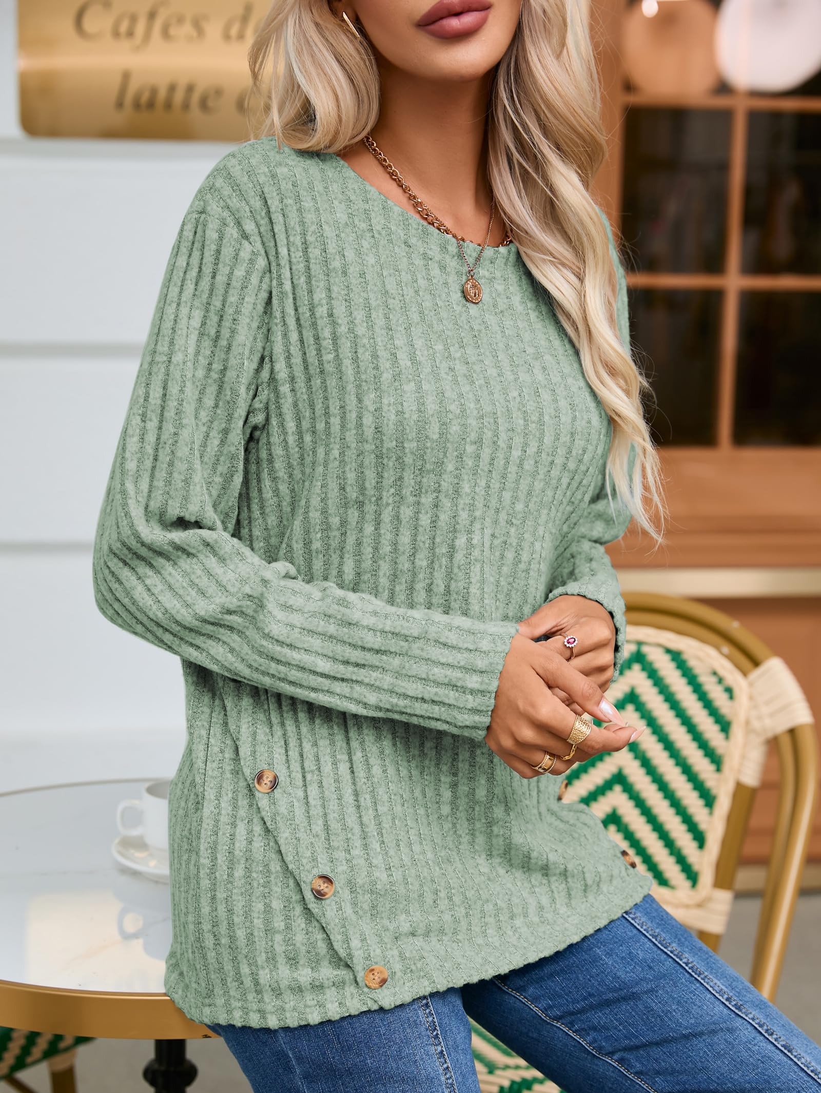 Famulily Women's Lightweight Crew Neck Knit Sweater - Casual Long Sleeve Button Down Top for Everyday Wear, Office & Fall Outfits
