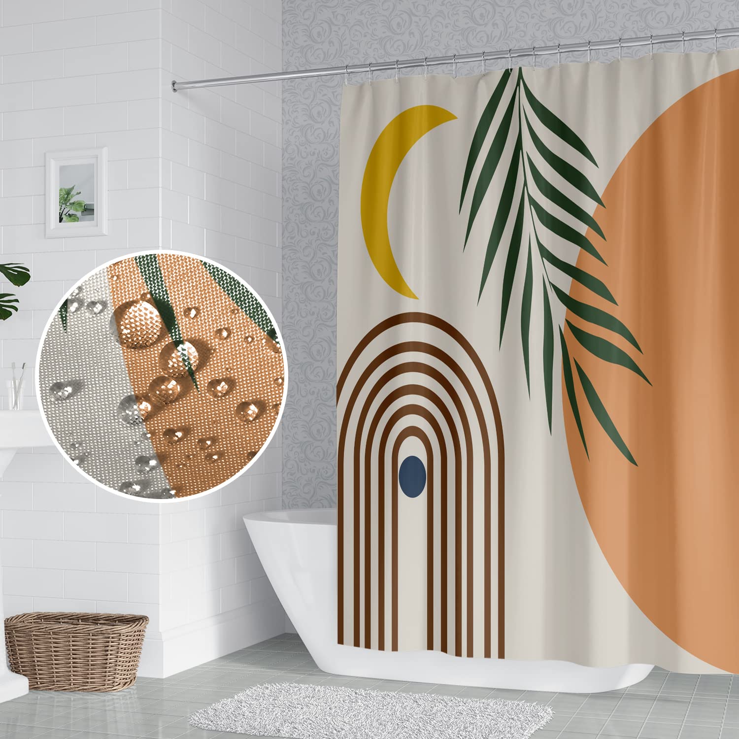 Mid Century Abstract Boho Shower Curtain - Moon & Eucalyptus Leaves Orange Bathroom Decor with Hooks, 60x72 Inch Modern Minimalist Geometric Design for Stylish Bathroom Upgrade | Perfect for Boho, Scandinavian & Contemporary Bathrooms