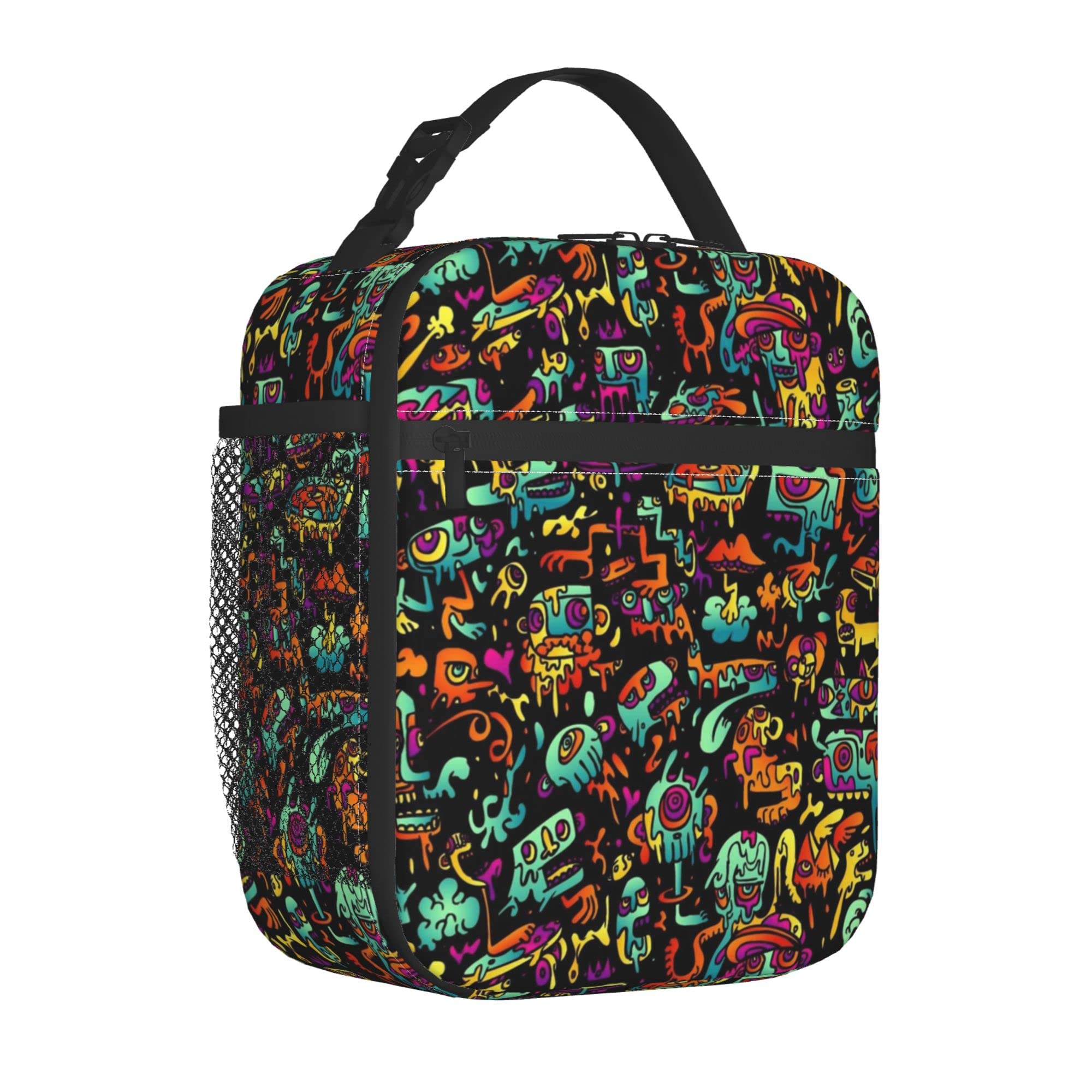 Psychedelic Trippy DJ Art Insulated Lunch Bag - Waterproof Soft Portable Lunch Tote for School, Work, Picnic & Outdoor Activities | Black Printing Cool Lunchbox for Adults & Teens