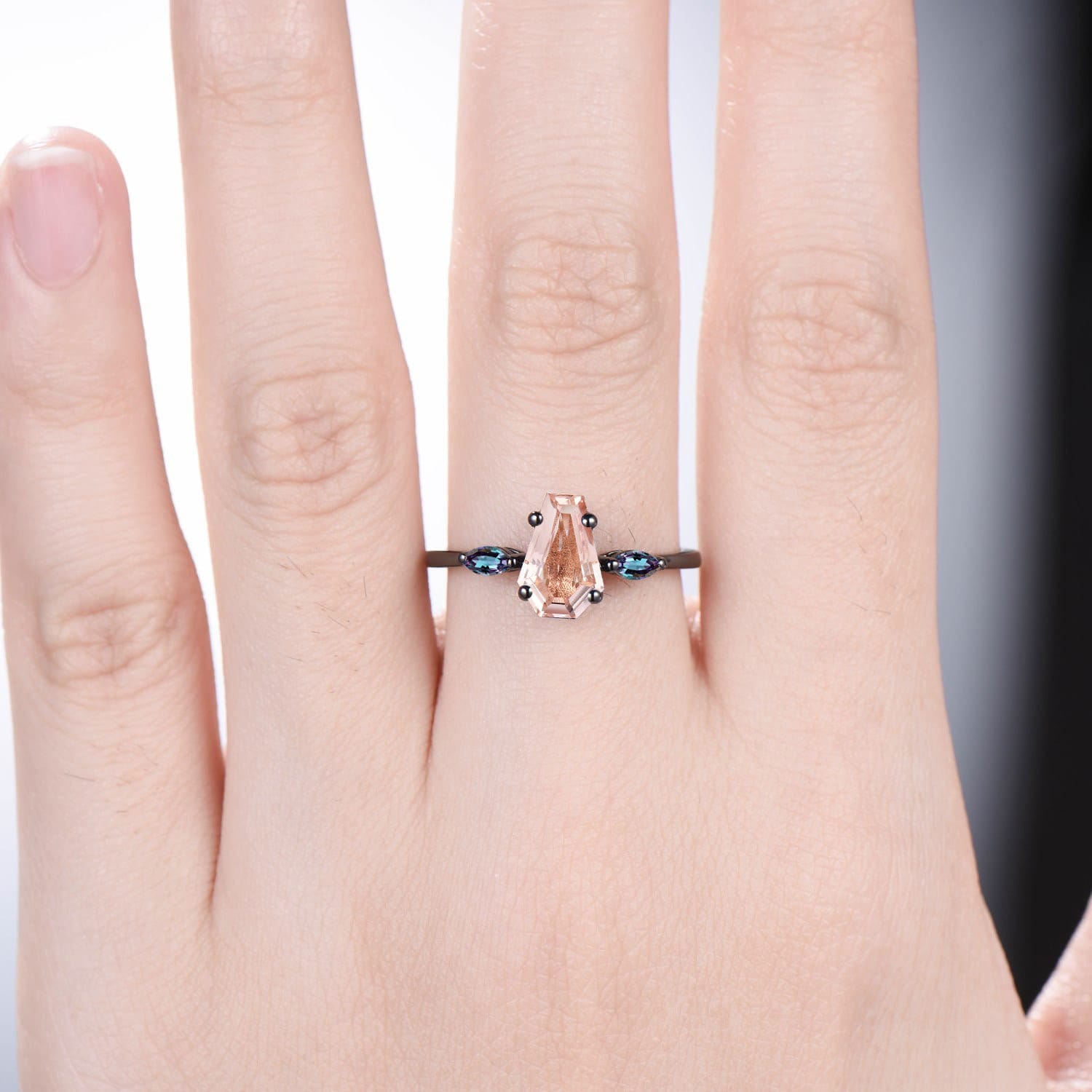Minimalist Black Gold Coffin Shaped Natural Morganite Ring with Marquise Alexandrite - Handmade 3 Stone Engagement Ring for Women - Perfect Proposal Gift for Anniversary, Wedding & Special Occasions