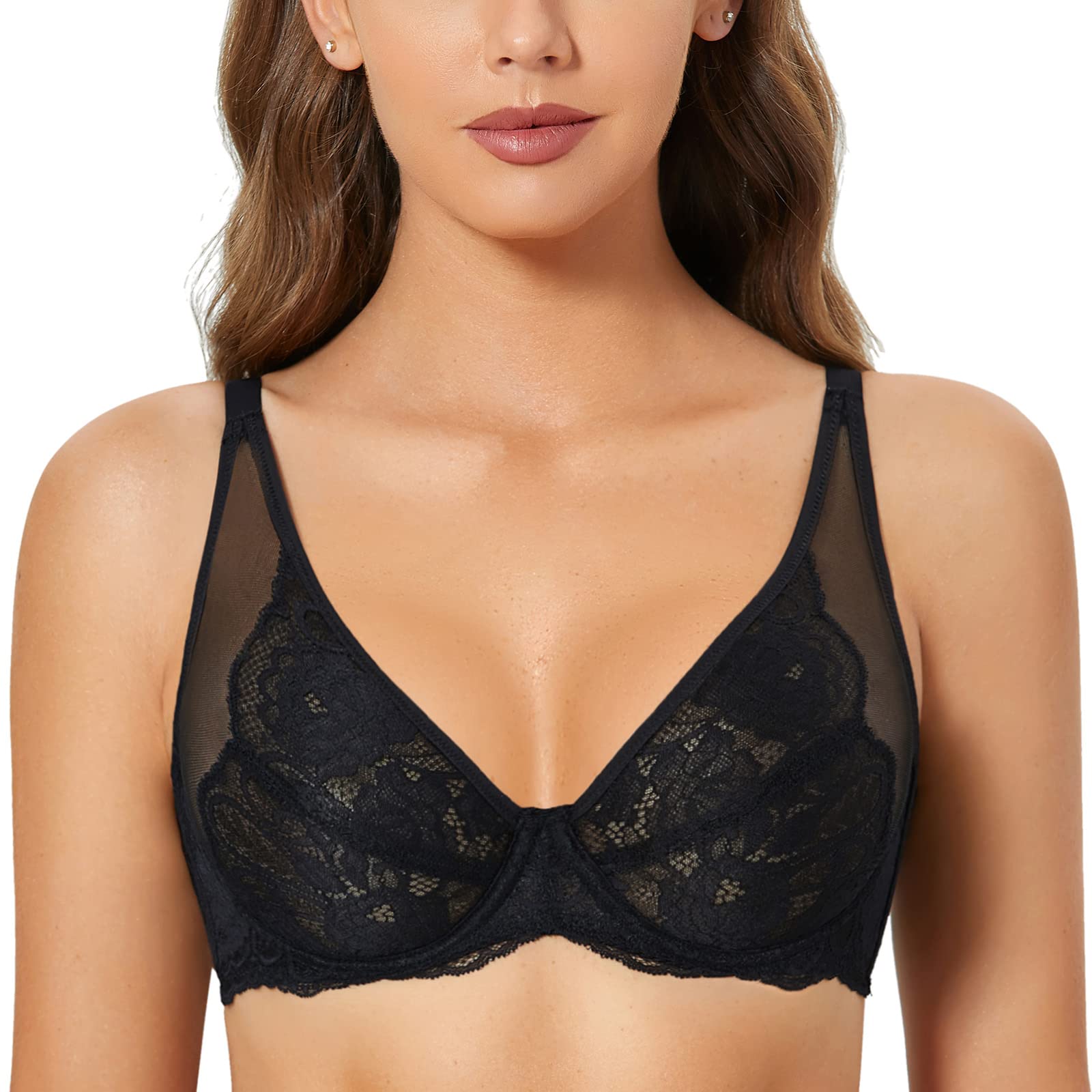 DOBREVA Women's Sexy Lace See-Through Bralette - Unlined Plunge Minimizer Bra with Underwire for Comfort & Support | Perfect for Date Nights, Lingerie Layering & Everyday Wear