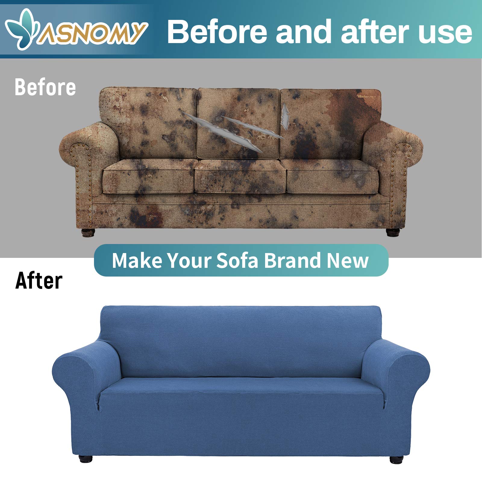 Stretch Sofa Slipcover for 3-Cushion Couch - Pet Proof Furniture Protector - Spandex Jacquard Fabric with Small Checks - X-Large Size in River Blue - Perfect for Living Room, Family Room & Pet-Friendly Homes