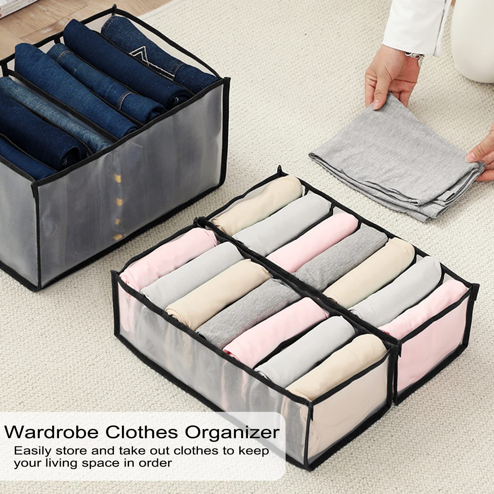 Evankin 2-Pack Large Wardrobe Organizers - 7-Grid Drawer & Closet Storage Bins for Jeans, Pants, Skirts - Breathable Nylon Mesh Fabric (Grey) | Space-Saving Solution for Bedroom, Closet & Dorm Organization