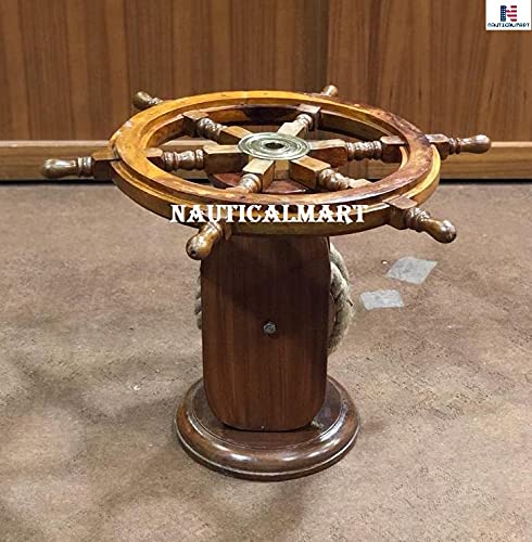 Nautical Ship Wheel Coffee Table with Rope Base - 36