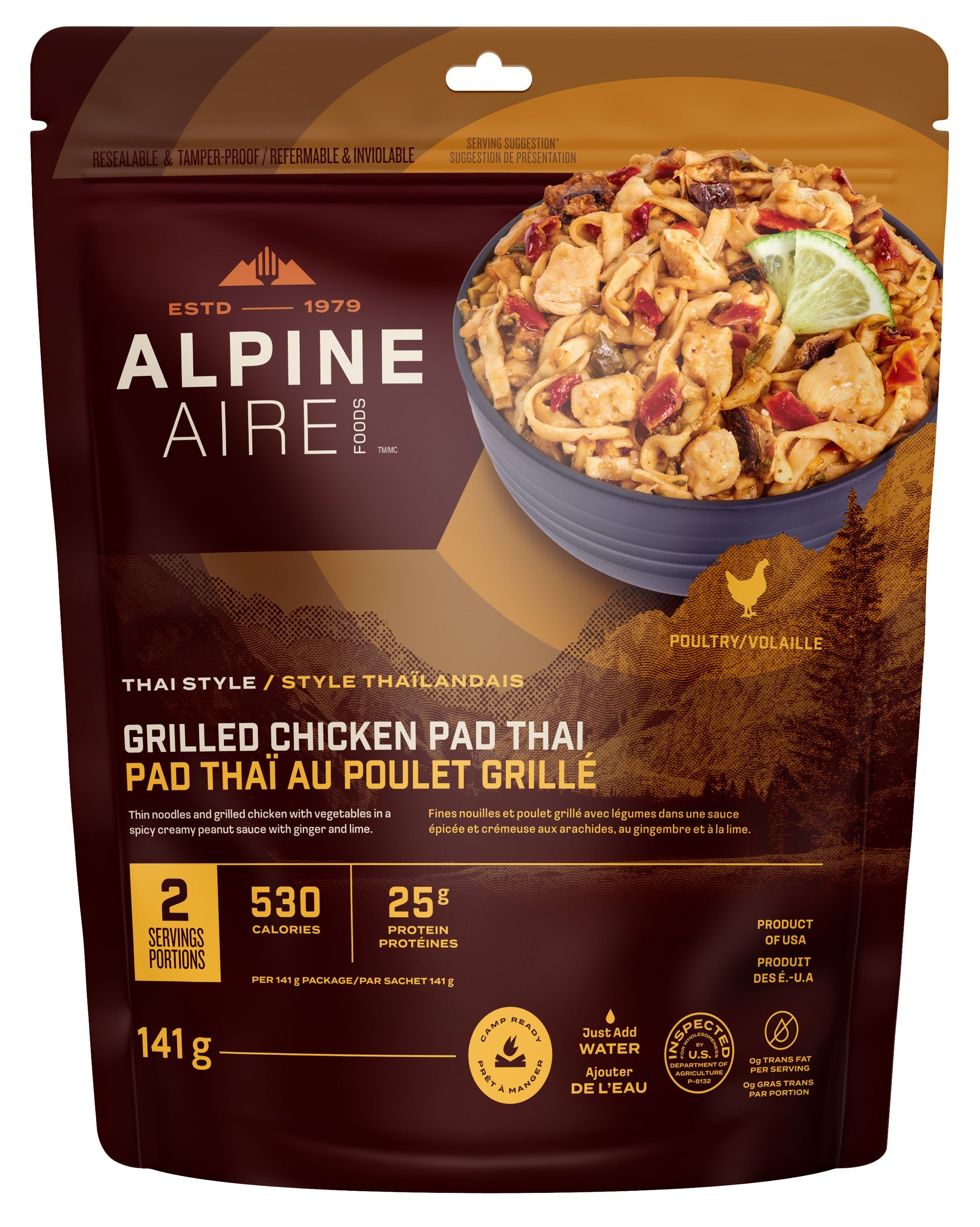 AlpineAire Freeze Dried Grilled Chicken Pad Thai - Lightweight Backpacking & Camping Meal, Emergency Food Supply, High Protein Gluten-Free Dinner