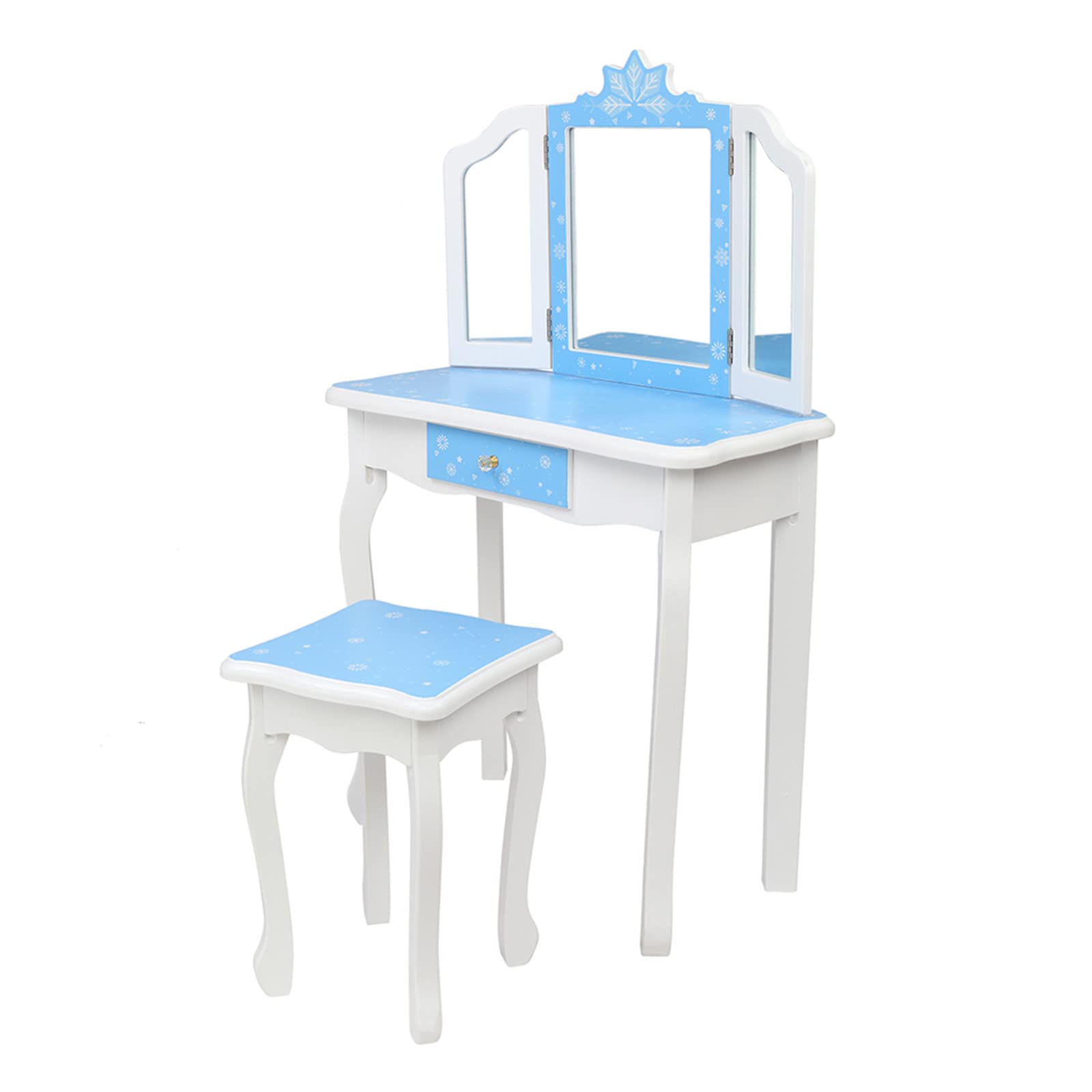 Trlec Wooden Kids Dressing Table with 3 Foldable Mirrors, Chair & Drawer - Blue Snow Princess Style for Bedroom & Playroom | Perfect for Pretend Play, Birthday Gifts & Toddler Room Decor