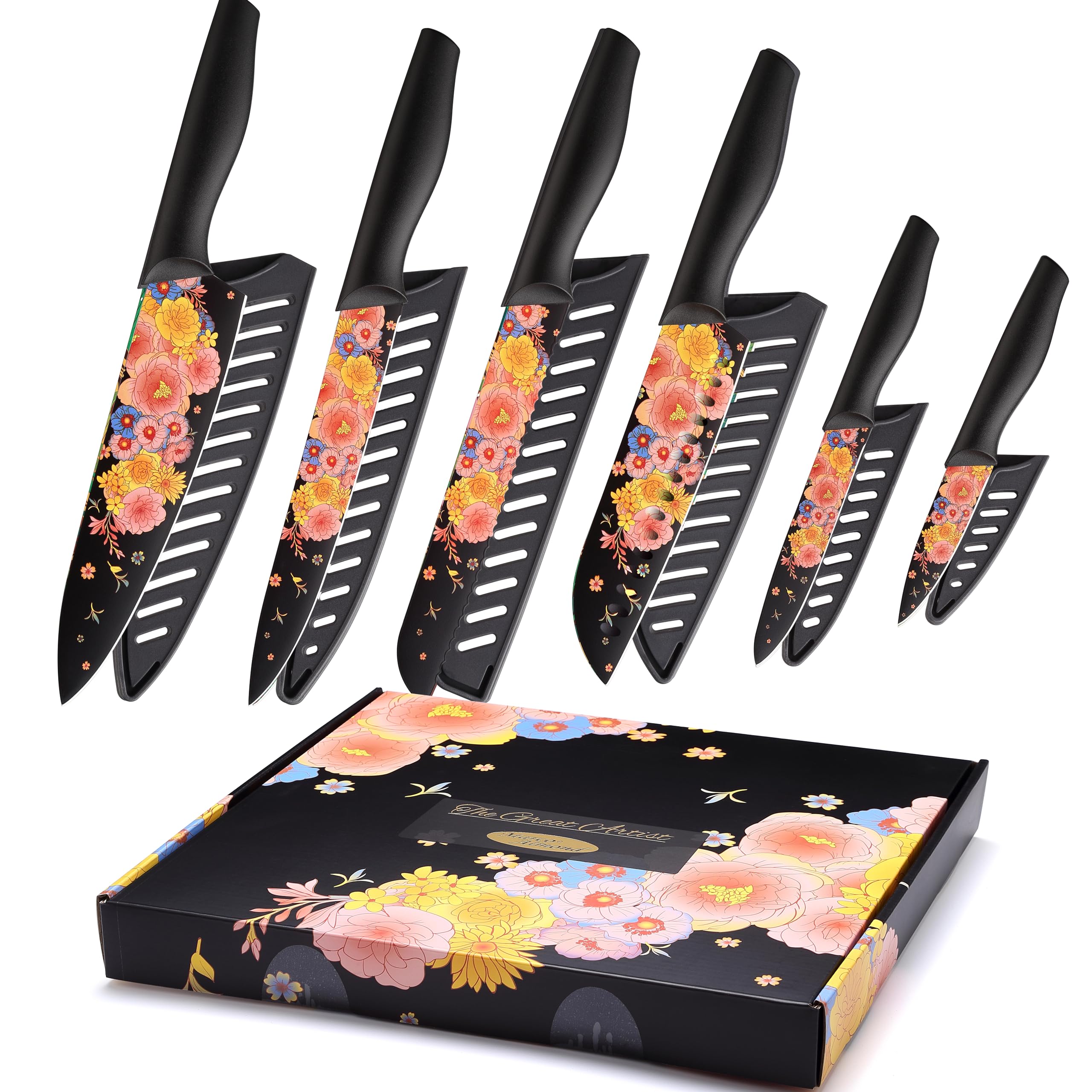 Marco Almond Knife Set - 6-Piece Stainless Steel Kitchen Knives with Blade Guards | Artistic Design, Dishwasher Safe | Perfect for Home Chefs & Professional Cooking | Ideal for Slicing, Dicing, and Food Prep